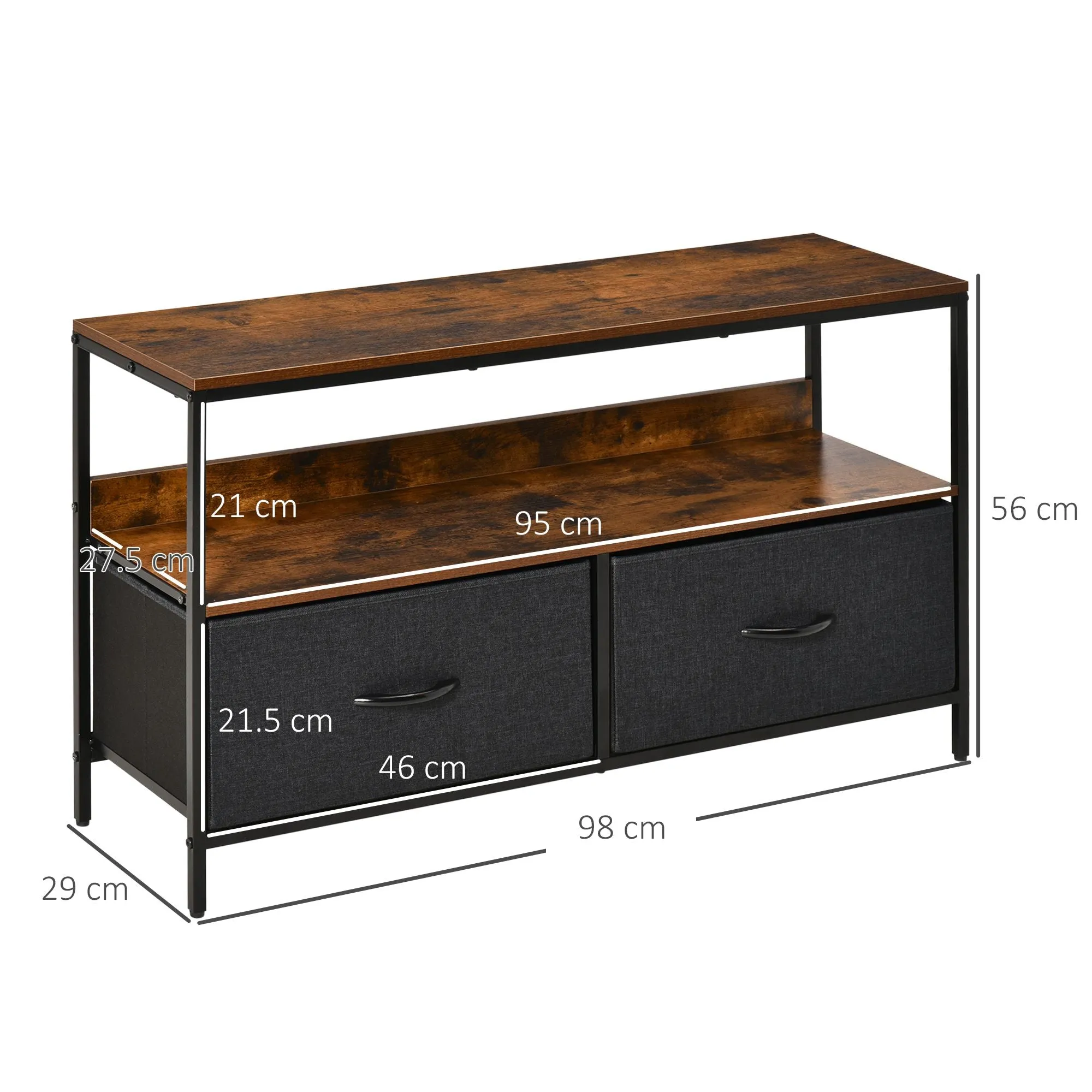 47" TV Stand with Folding Fabric Drawers and Shelf, Metal and MDF TV Cabinet, 98x29x56cm, Rustic Brown - Image 3