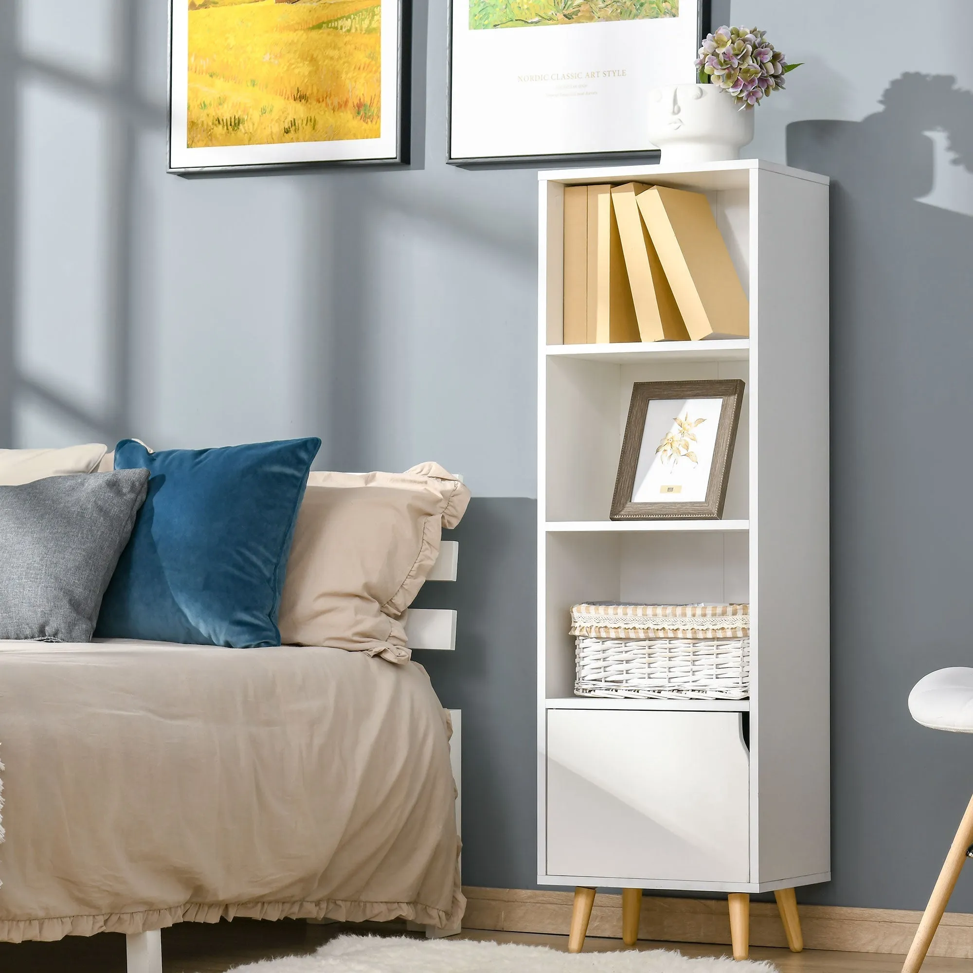 Bookcase with 3 Shelves and 1 Wooden Cabinet, 40x30x129.5cm - White - Image 2