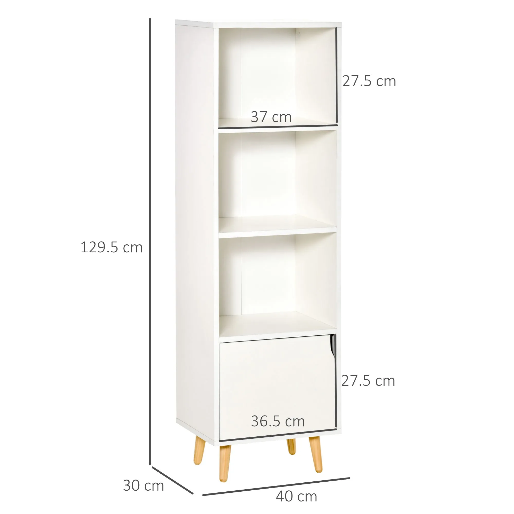 Bookcase with 3 Shelves and 1 Wooden Cabinet, 40x30x129.5cm - White - Image 3