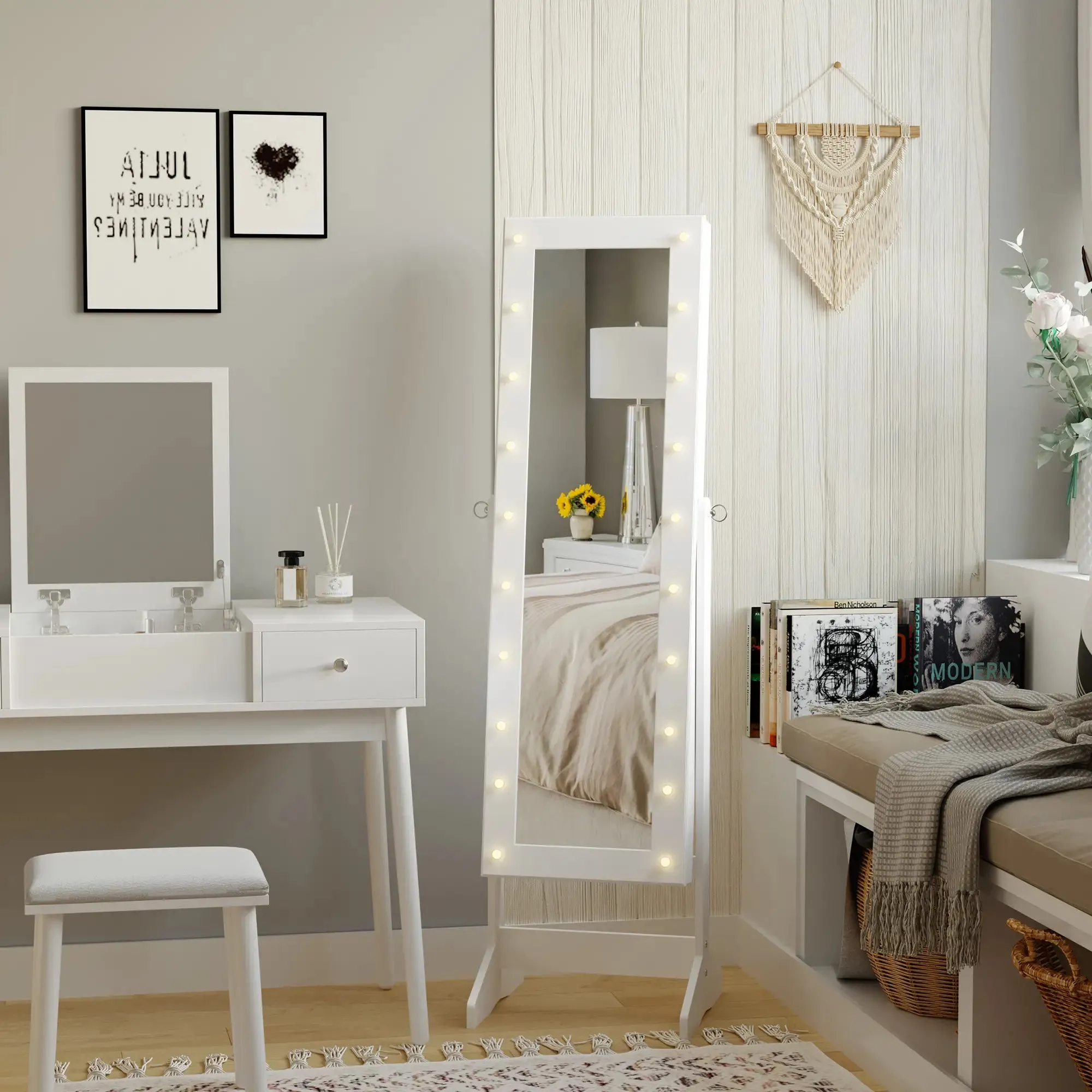 Jewellery Cabinet Adjustable Mirror Jewellery Box 20 LED Lights, Wood, White, 40x37x146 cm - Image 2