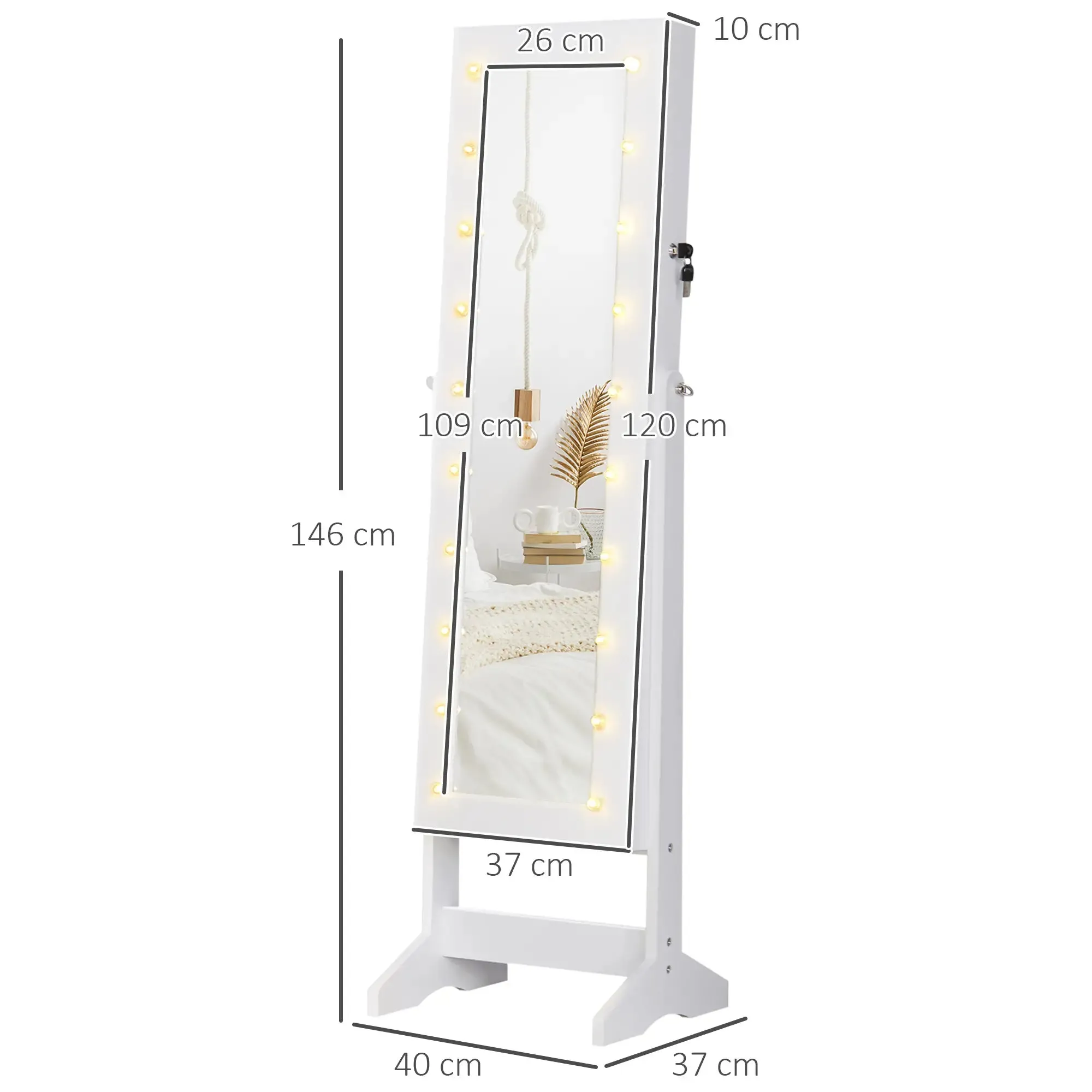 Jewellery Cabinet Adjustable Mirror Jewellery Box 20 LED Lights, Wood, White, 40x37x146 cm - Image 3