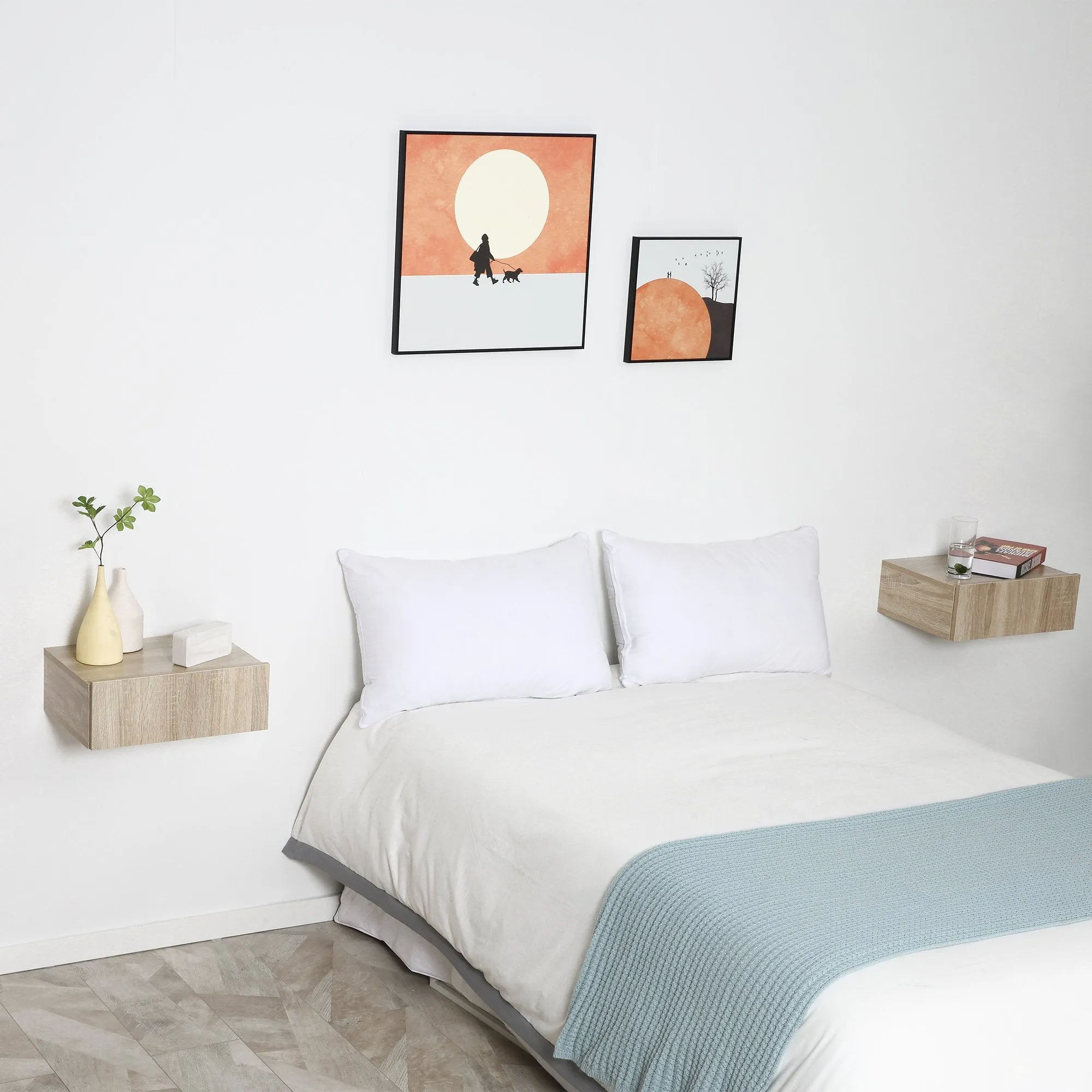 set 2 suspended wooden bedside tables, modern design, 40x30x15cm - wood color - Image 2