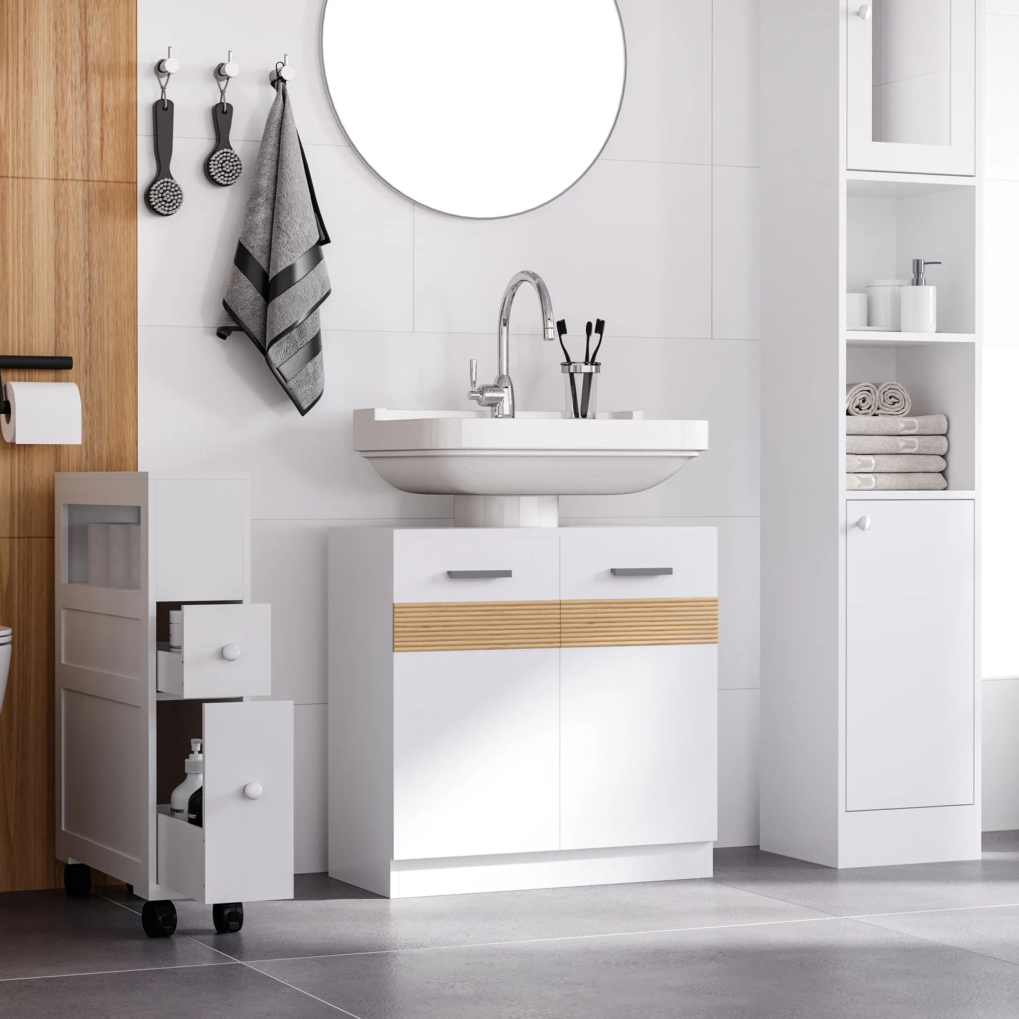 kleankin Bathroom Vanity Cabinet with MDF and Bamboo Doors 60x30x60.5cm - White and Wood Color - Image 2