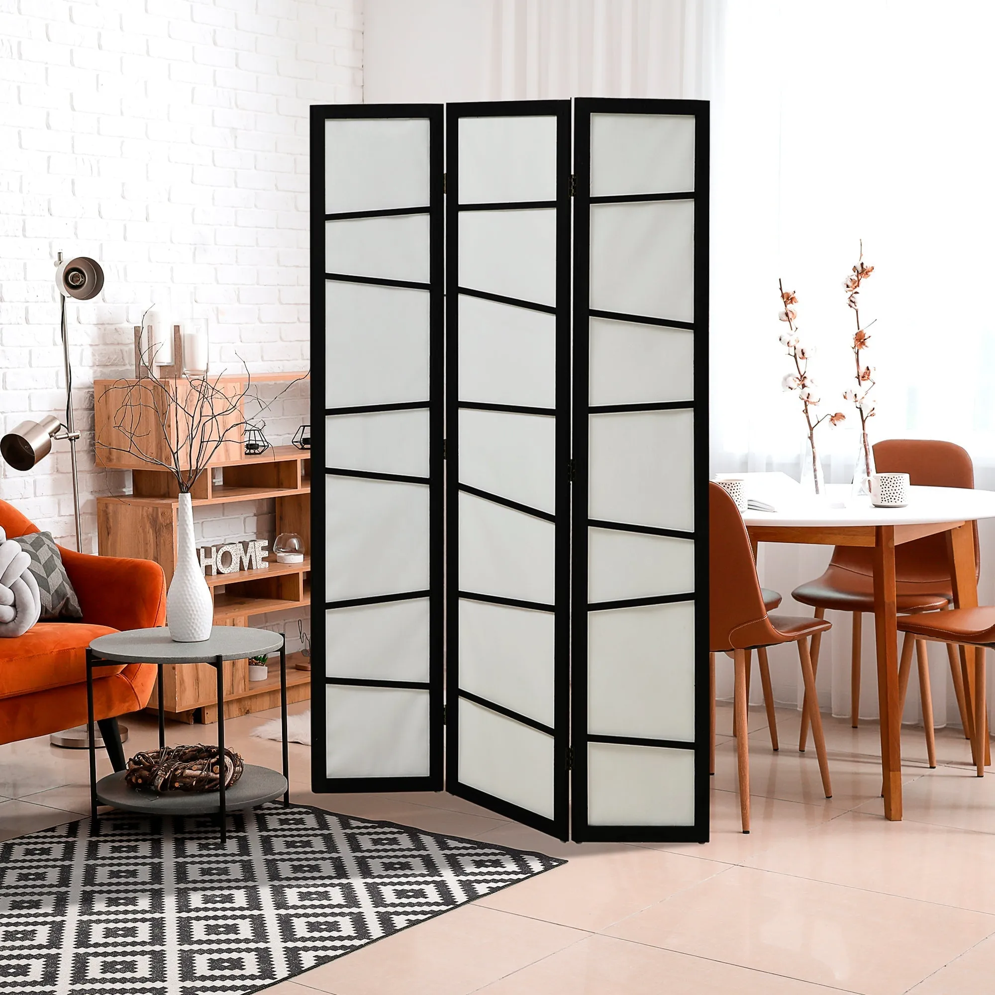 Indoor 3 Panel Folding Wooden Room Divider Screen, 120x170cm, Black and White - Image 2