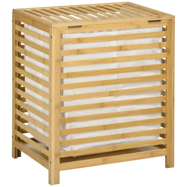 Bamboo and Polyester Slatted Laundry Hamper with Lid and Removable Bag, 50x36x60 cm