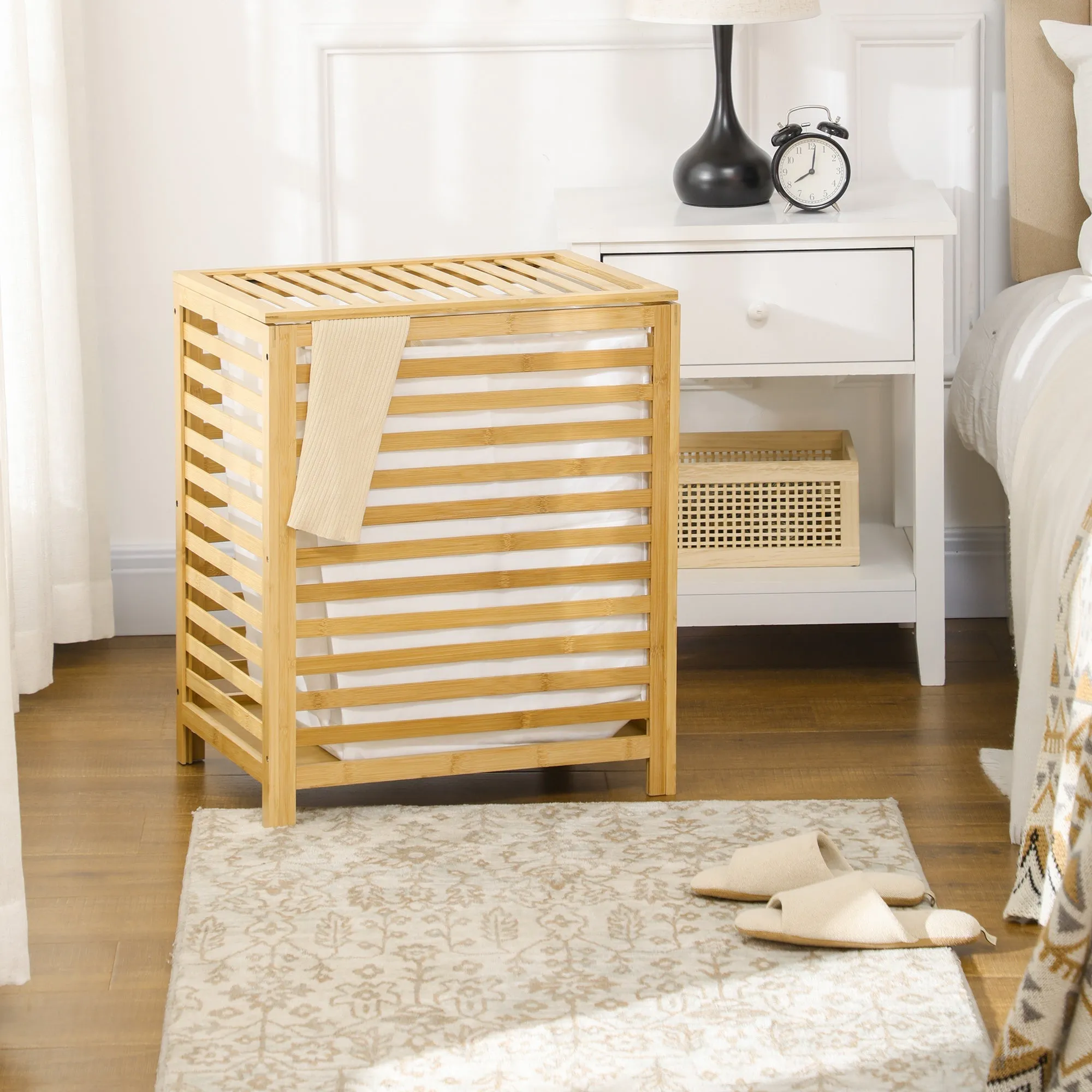 Bamboo and Polyester Slatted Laundry Hamper with Lid and Removable Bag, 50x36x60 cm - Image 2