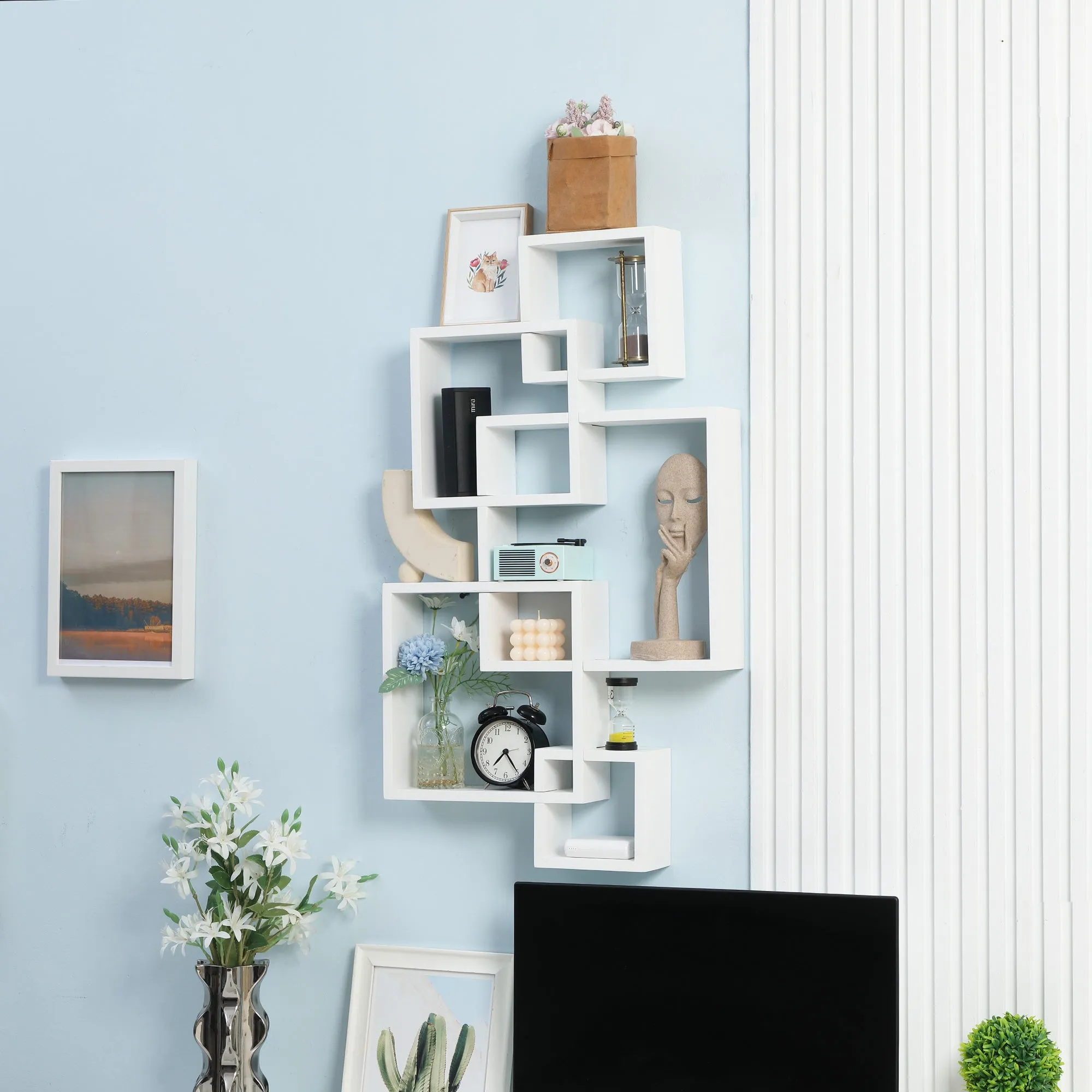 Modern Floating Bookcase with 5 Interwoven Wooden Cubes, 49.5x10.2x86cm, White - Image 2