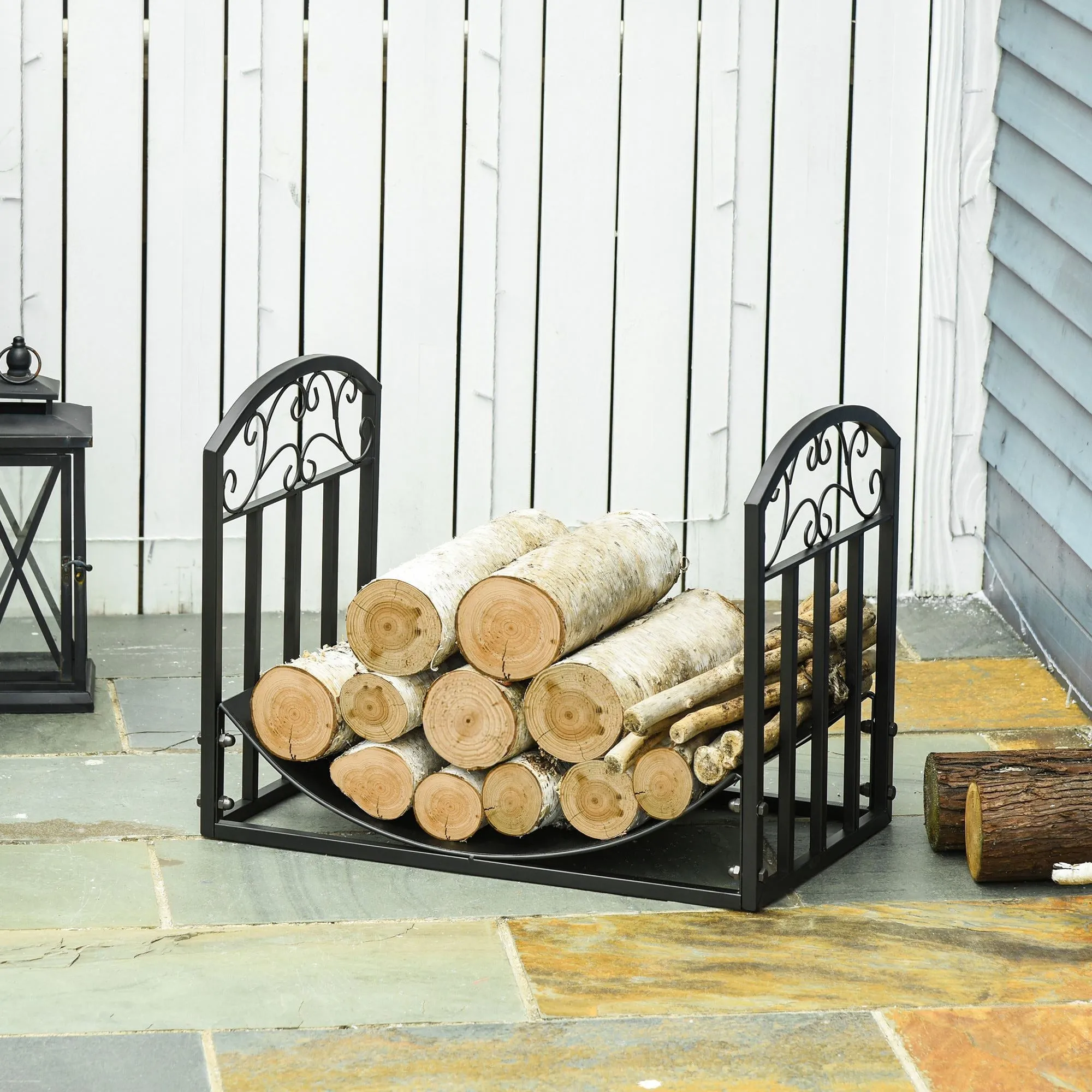 Indoor and Outdoor Metal Log Rack with Curved Shelf, Holds Up to 60kg of Wood, Black, 60.5x36x46.5cm - Image 2