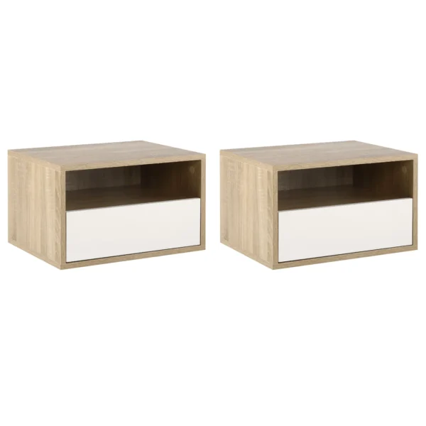 Set 2 Bedside tables suspended with drawer and shelf 45x35x27.5cm - White and wooden color