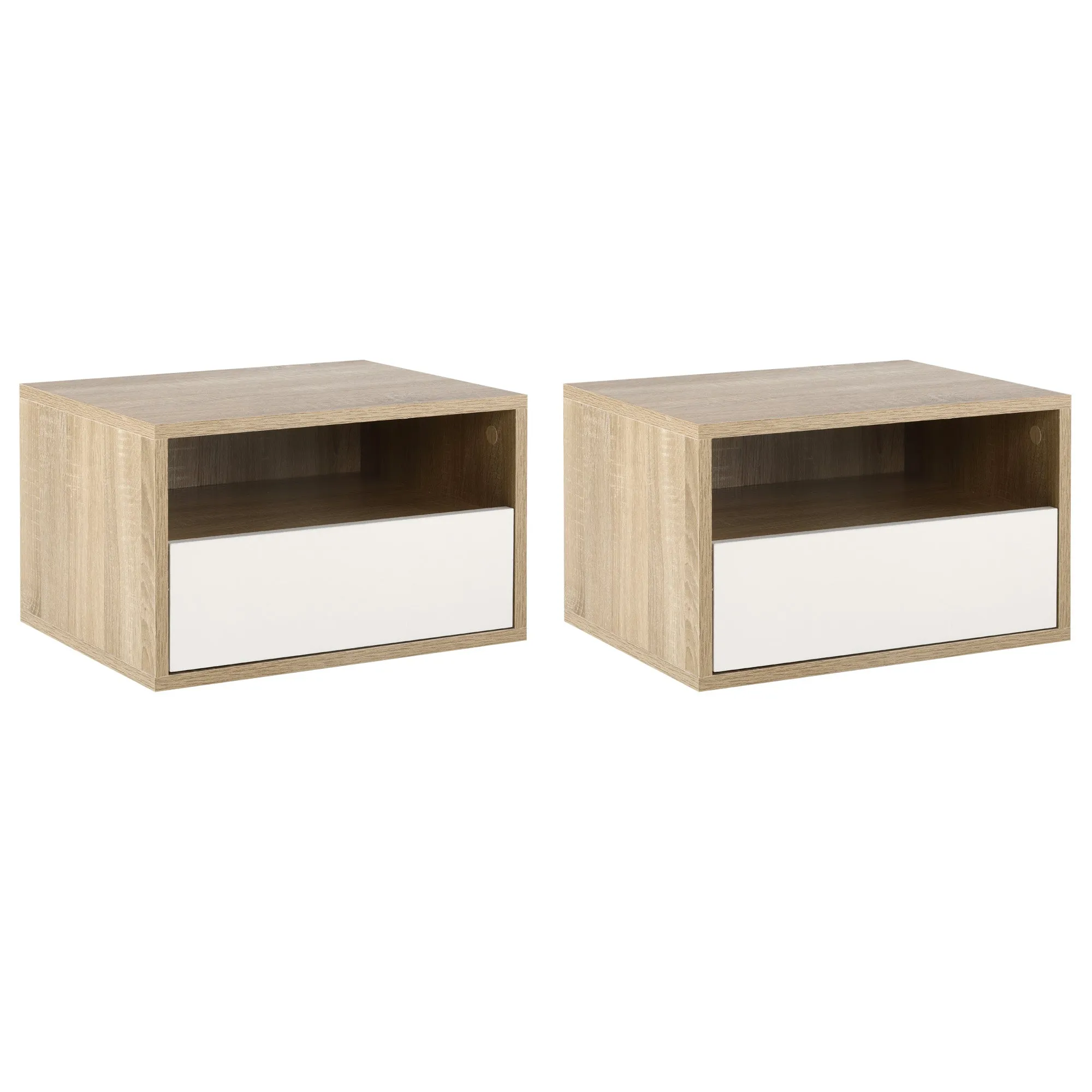 Set 2 Bedside tables suspended with drawer and shelf 45x35x27.5cm - White and wooden color