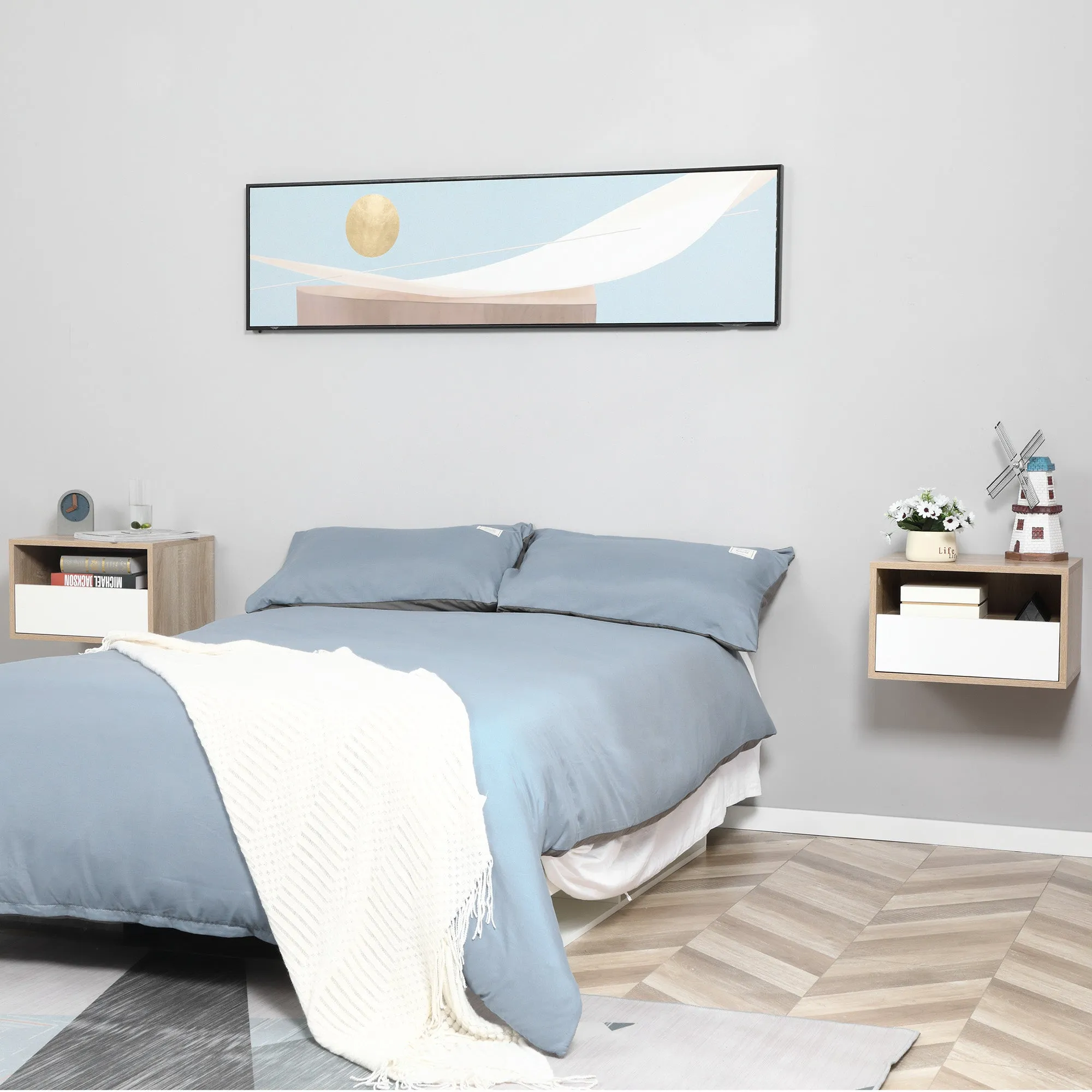 Set 2 Bedside tables suspended with drawer and shelf 45x35x27.5cm - White and wooden color - Image 2