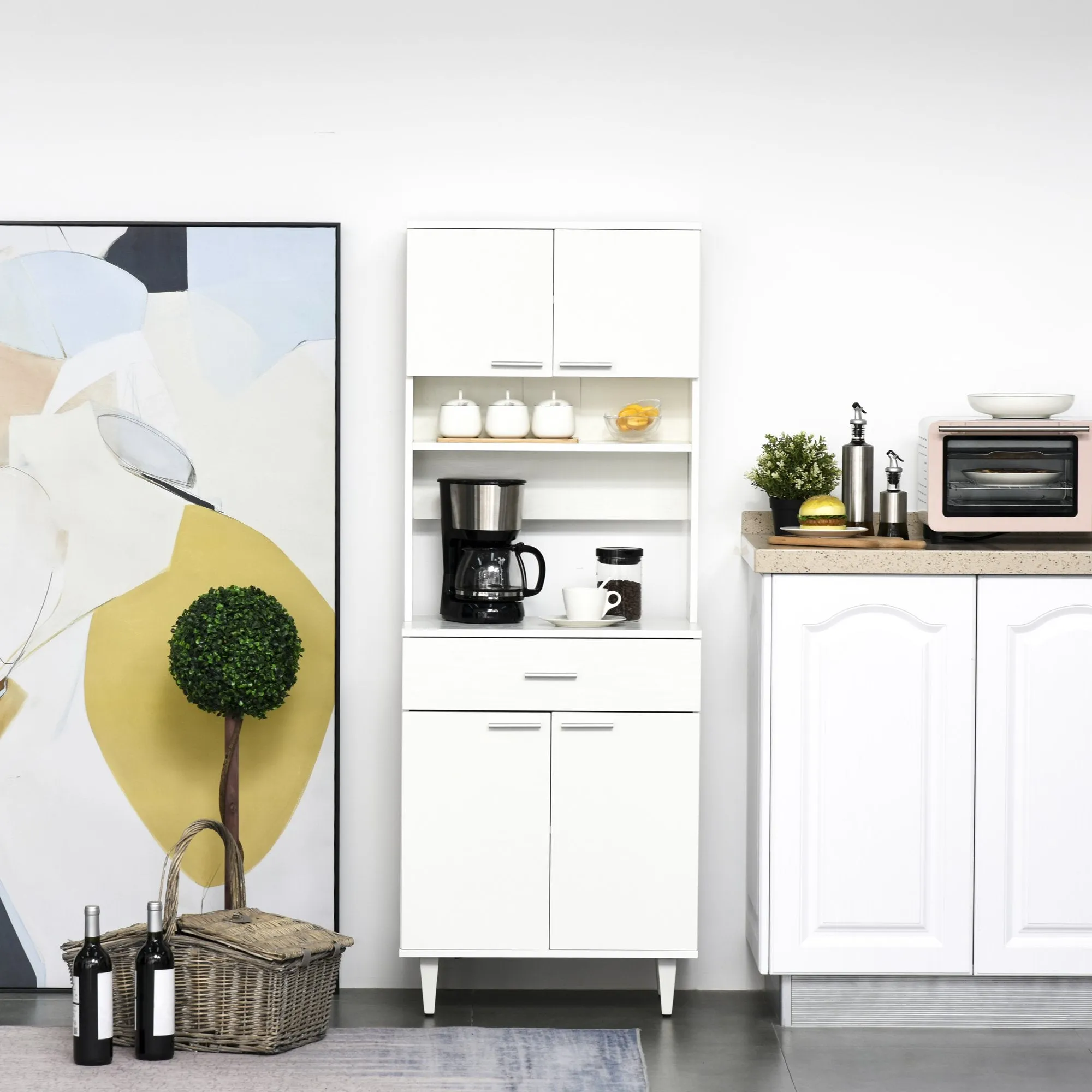 High Kitchen Sideboard, Classic White Wooden Sideboard with 2 Cabinets and 1 Shelf, White, 60x40x160cm - Image 2