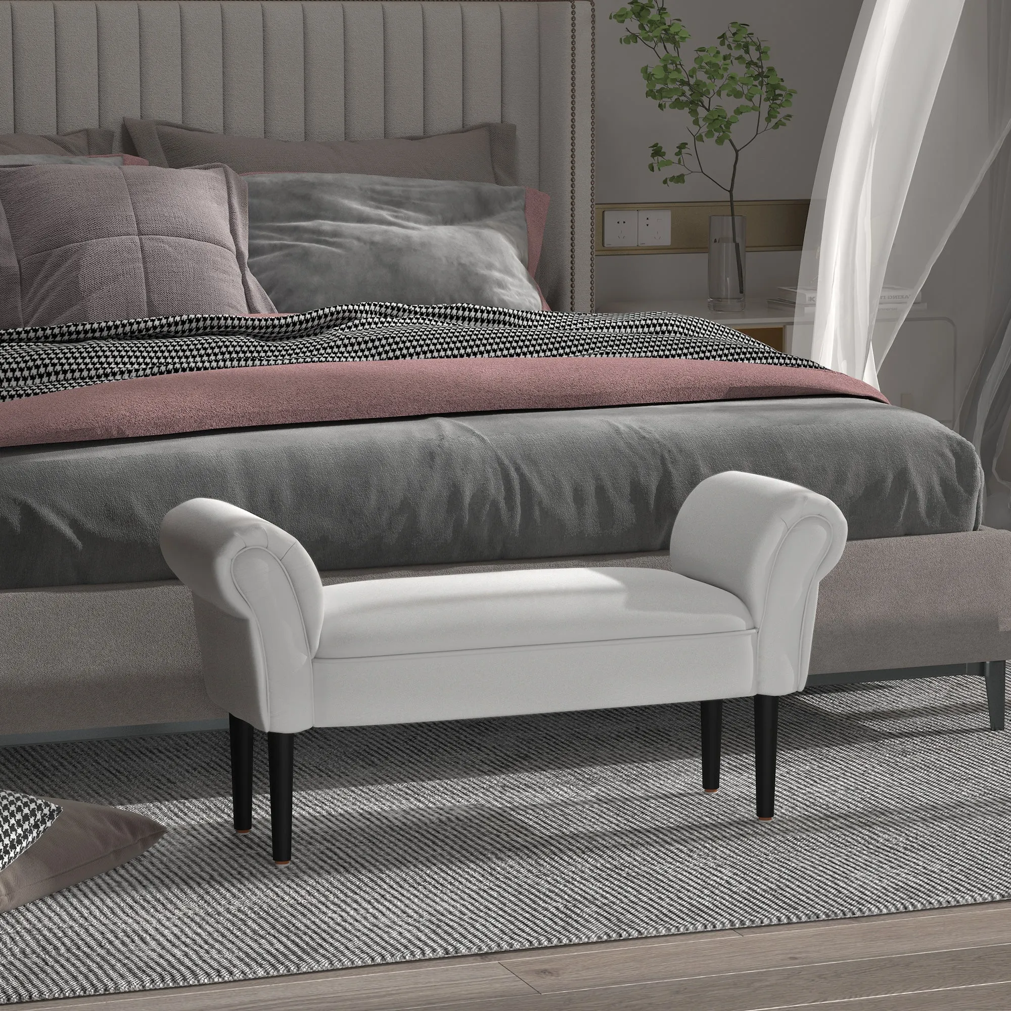 Bed End Bench with Rolled Armrests, Padded Bench for Bedroom, Grey, 102x36x51cm - Image 2