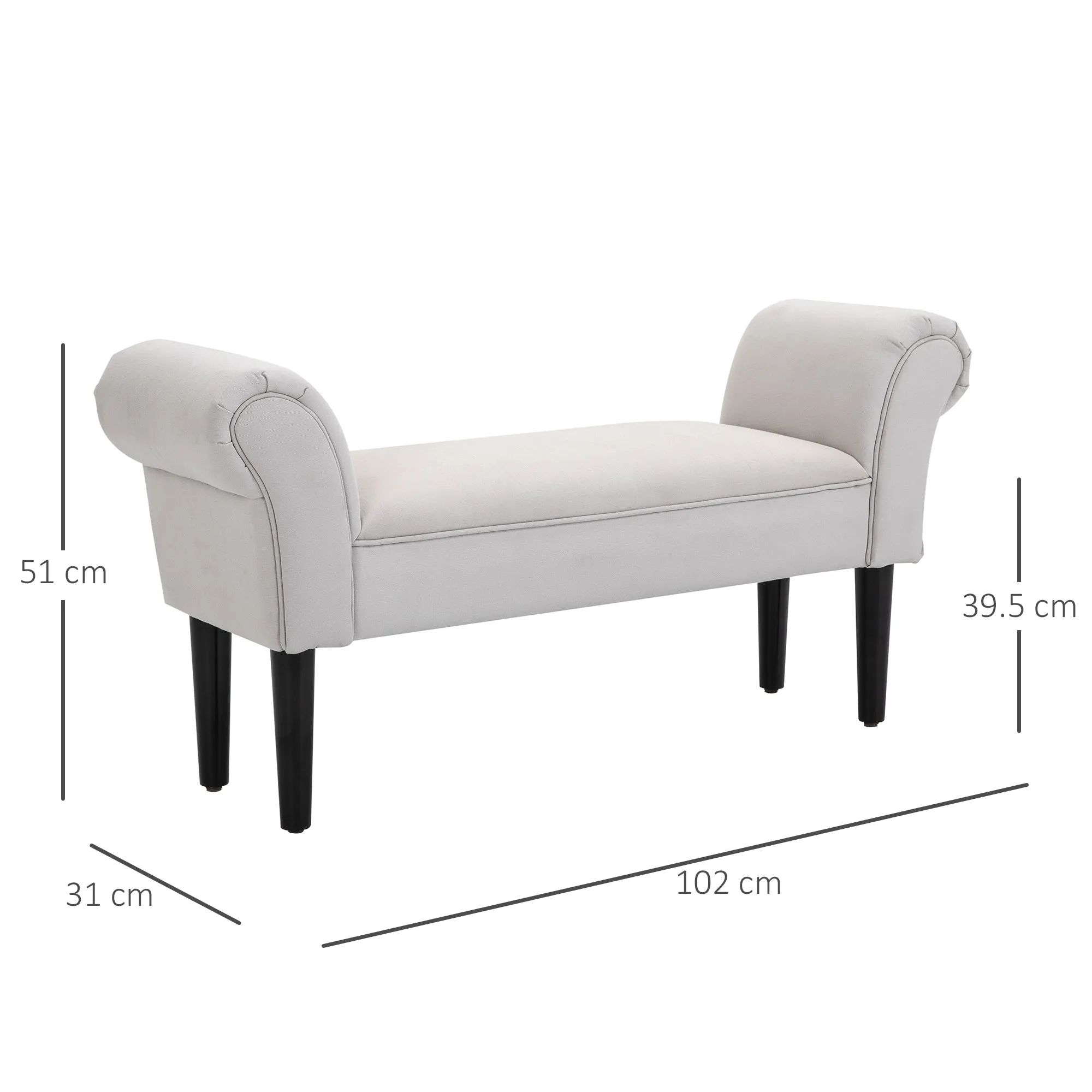 Bed End Bench with Rolled Armrests, Padded Bench for Bedroom, Grey, 102x36x51cm - Image 3