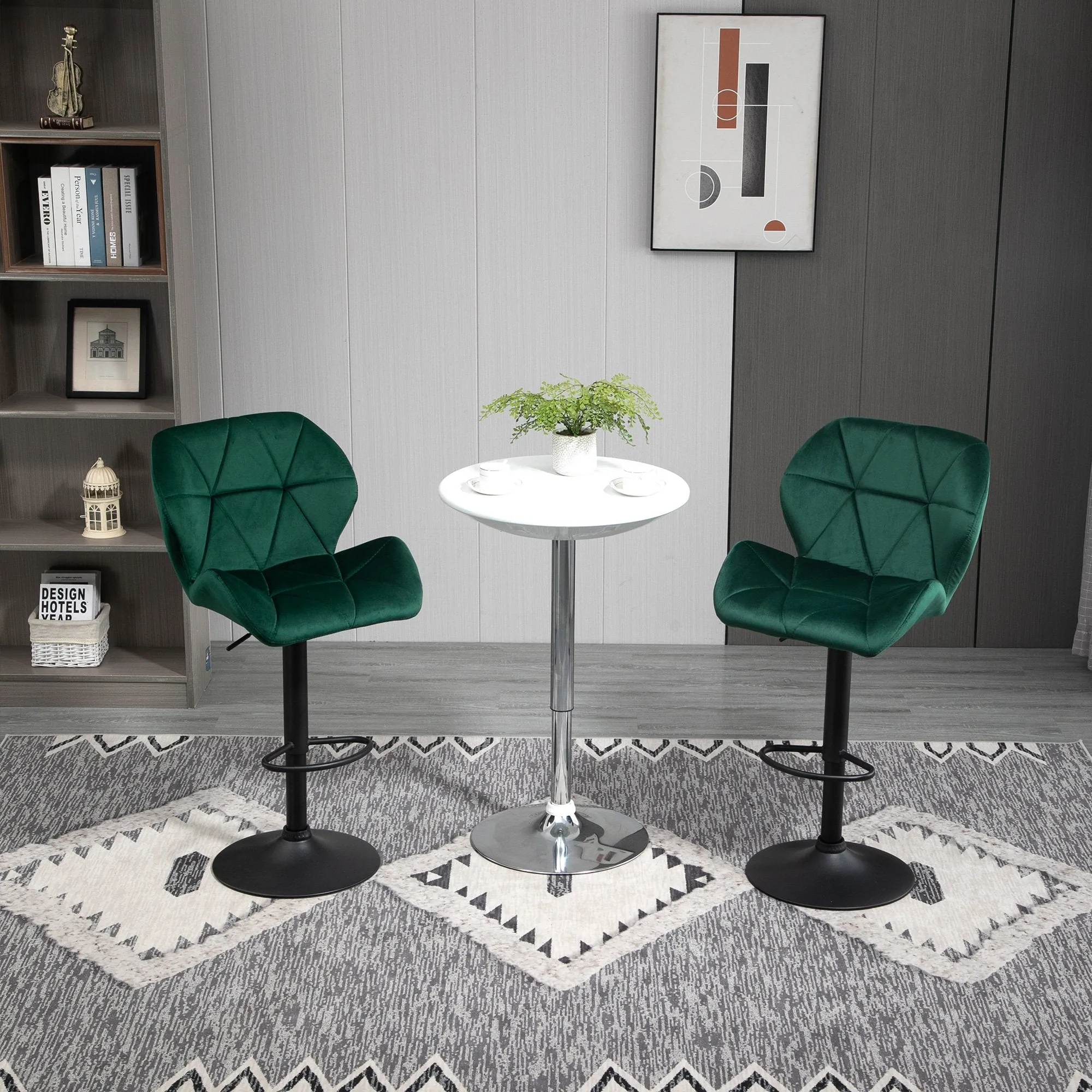Set of 2 Bar Stools, Adjustable Height with Metal Base and Velvet Seat, Modern Stools with Backrest and Footrest, 46x48x83-104cm, Green - Image 2