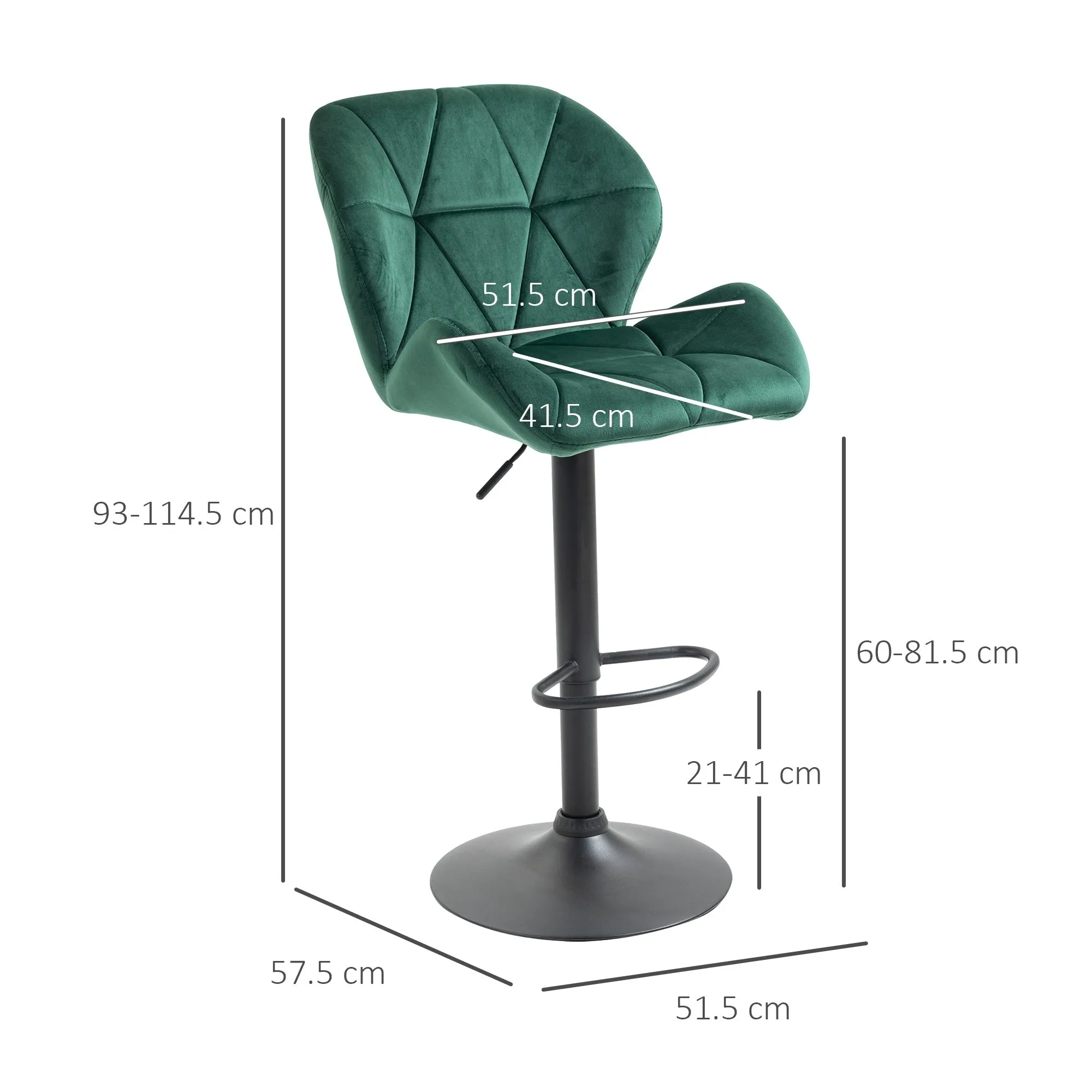 Set of 2 Bar Stools, Adjustable Height with Metal Base and Velvet Seat, Modern Stools with Backrest and Footrest, 46x48x83-104cm, Green - Image 3
