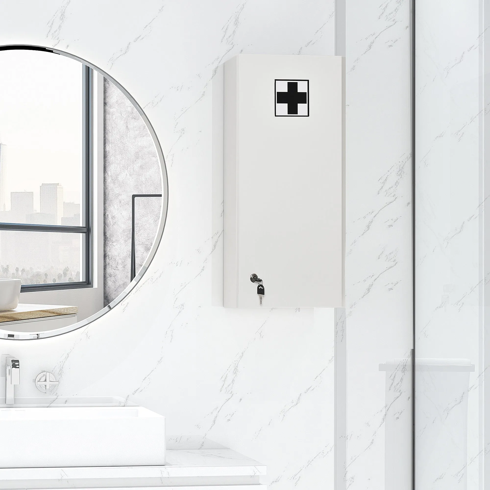 Wall Mounted Lockable Medicine Cabinet, 5 Adjustable Shelves and Shelves, Wood and Glass, White, 30x20x70cm - Image 2