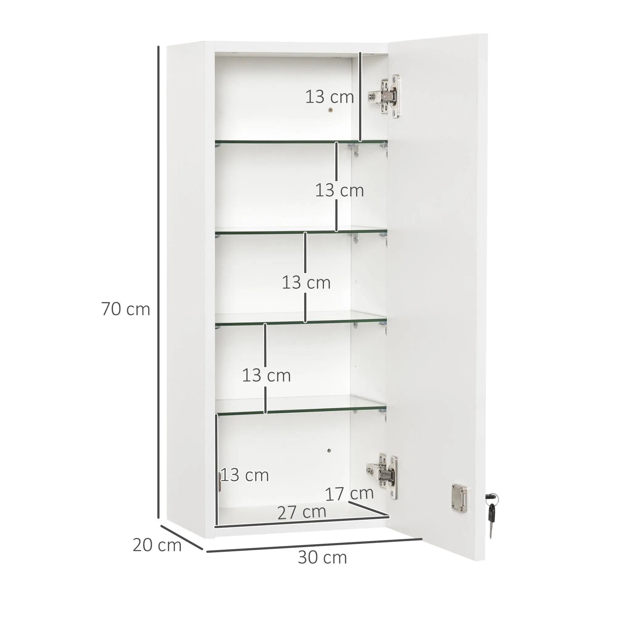 Wall Mounted Lockable Medicine Cabinet, 5 Adjustable Shelves and Shelves, Wood and Glass, White, 30x20x70cm - Image 3