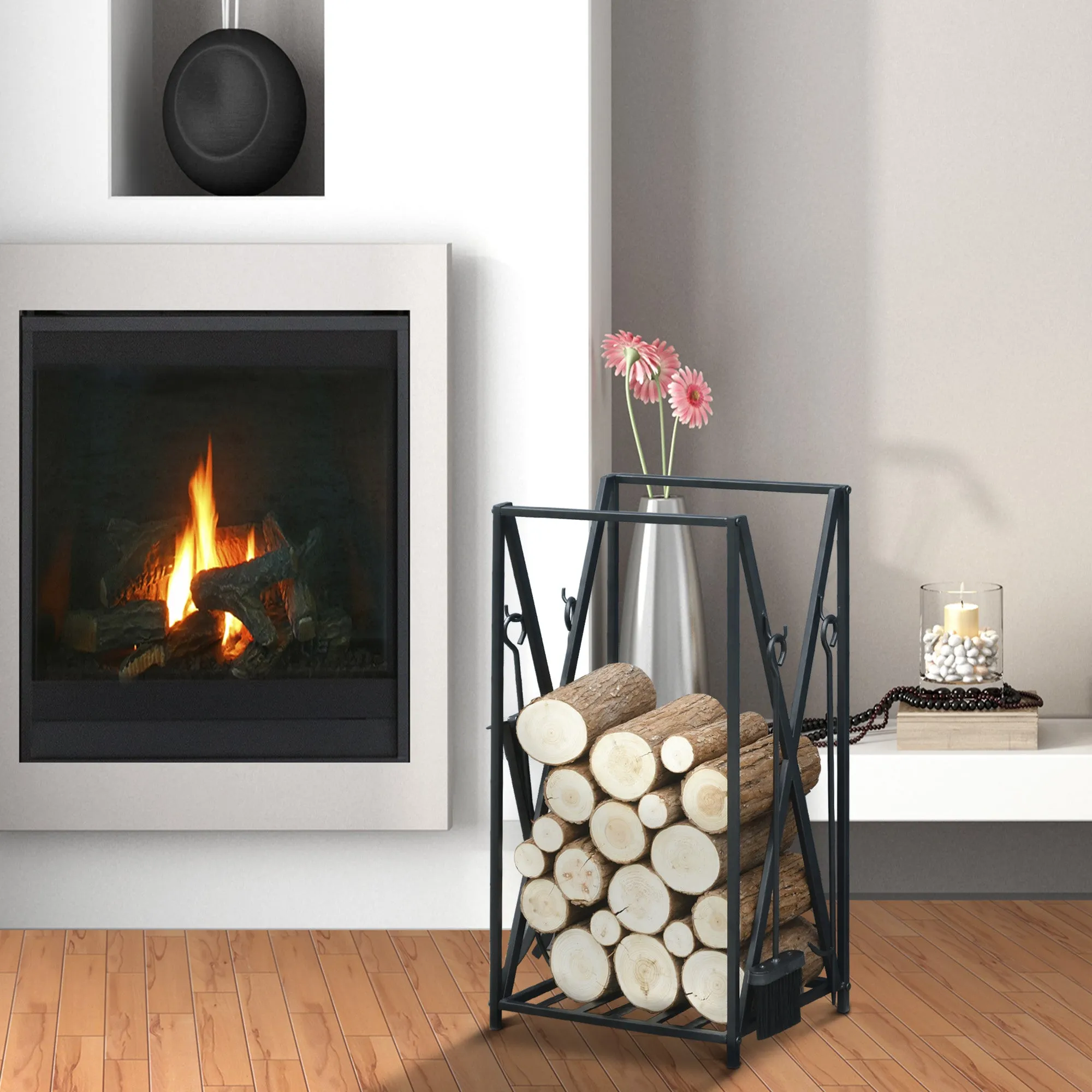 interior and outdoor portal in steel, wood wood for fireplace 46x30x76cm - black - Image 2