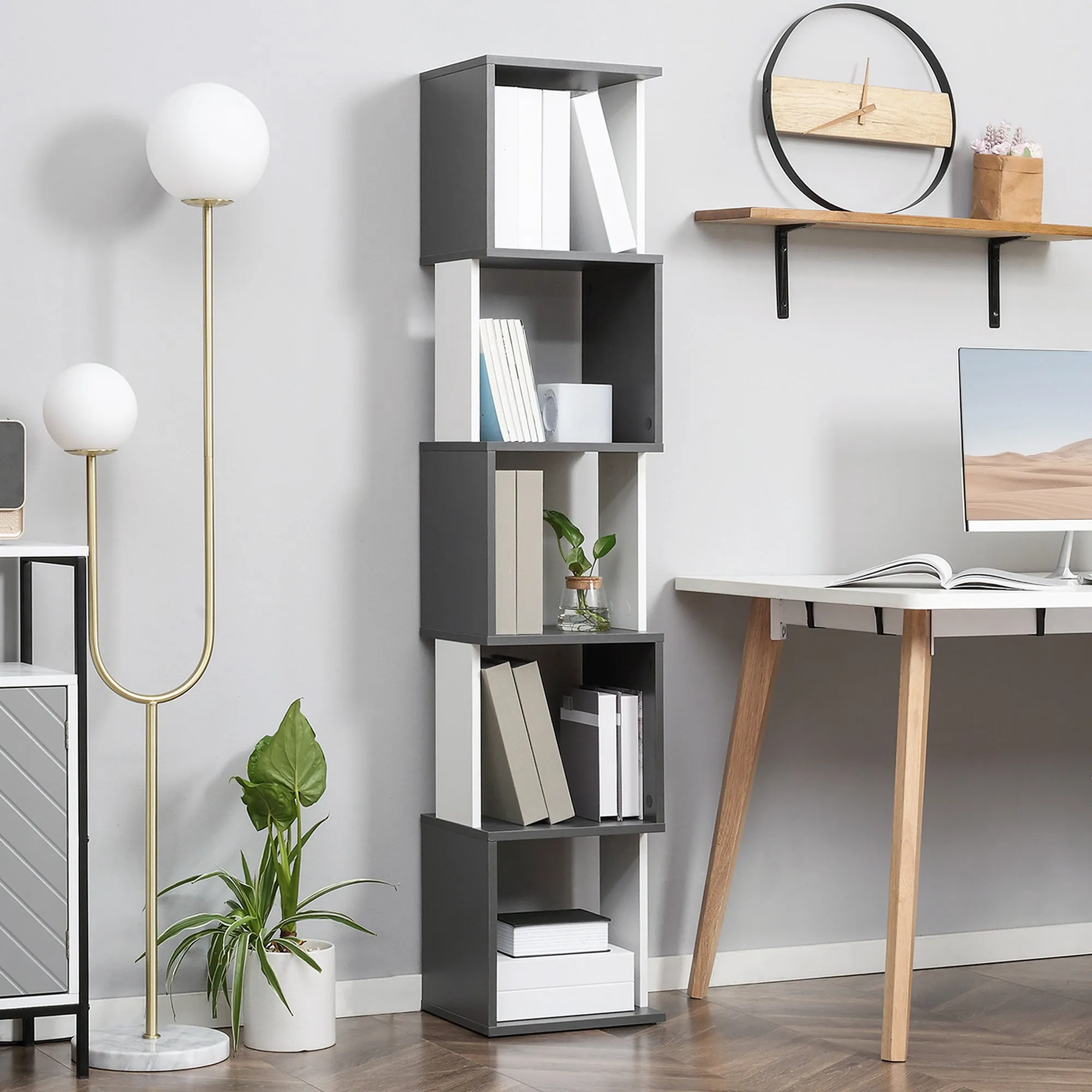 Modern Space-Saving 5-Tier Wooden Bookcase, 33x28x161cm, Grey and White - Image 2