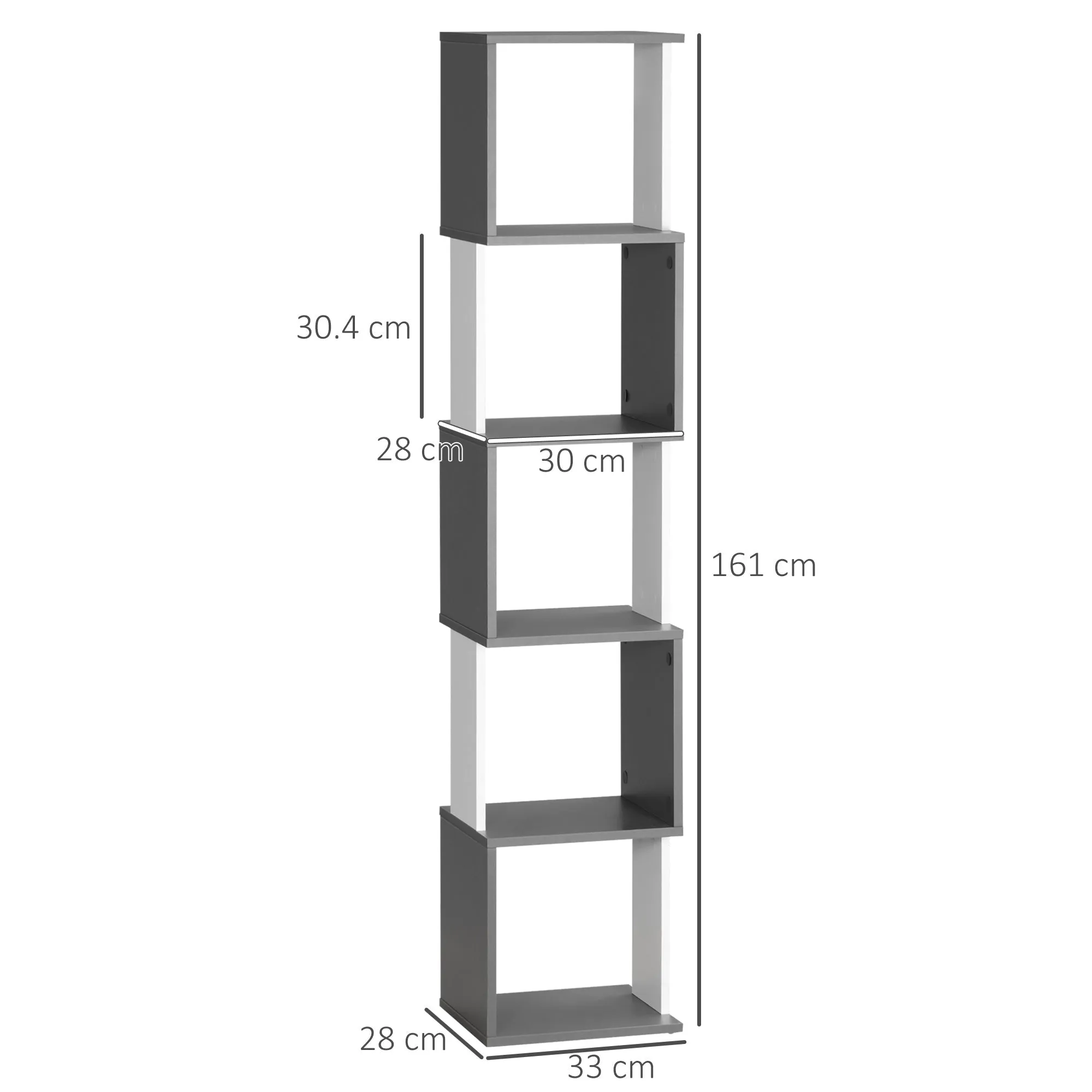 Modern Space-Saving 5-Tier Wooden Bookcase, 33x28x161cm, Grey and White - Image 3