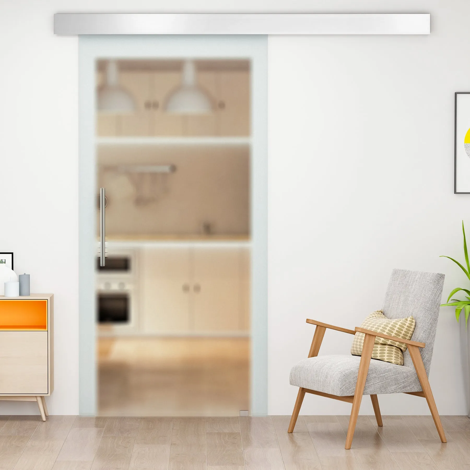 Frosted Glass Internal Sliding Door with B1 Track and Handle for Bathroom Kitchen Study Glass 205x 77.5x 0.8cm - Image 2