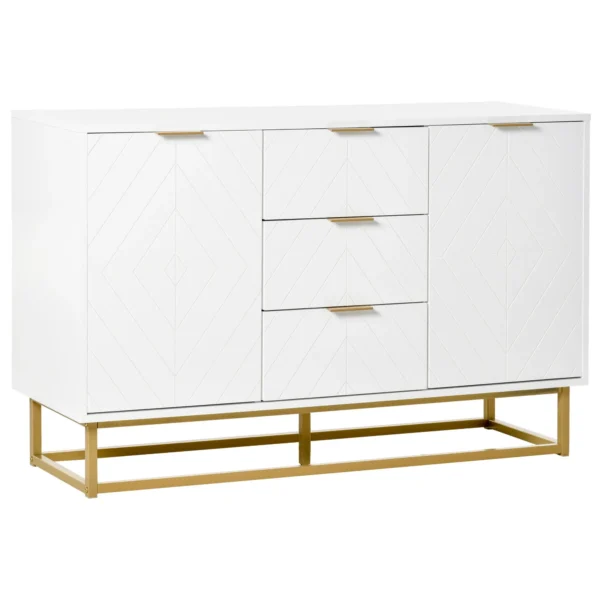Buffet sideboard with 3 drawers and 2 white doors with golden metal legs