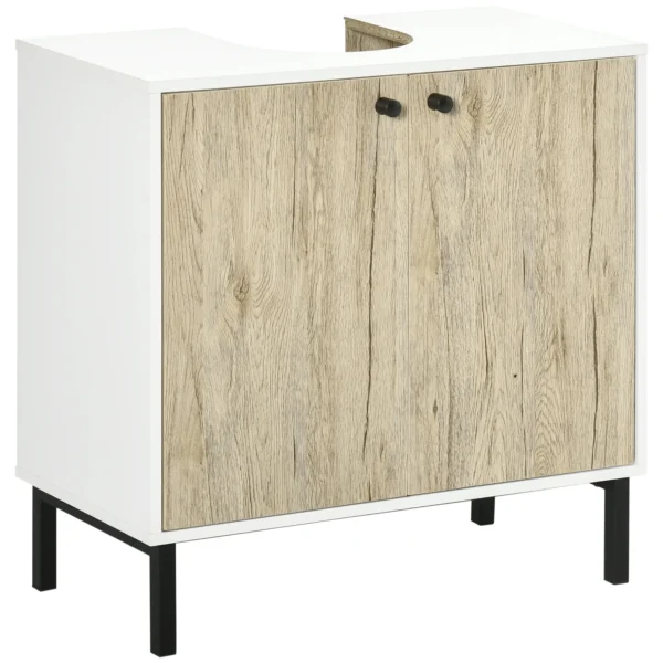 Bathroom Cabinet Under Sink with 2 Doors and Internal Shelf in Chipboard and Steel, 60x30x60 cm, White and Oak