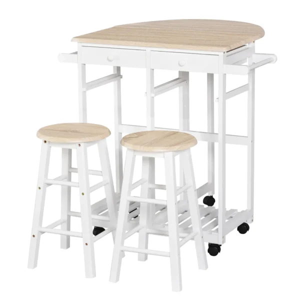Folding Kitchen Cart with 2 White MDF wooden stools