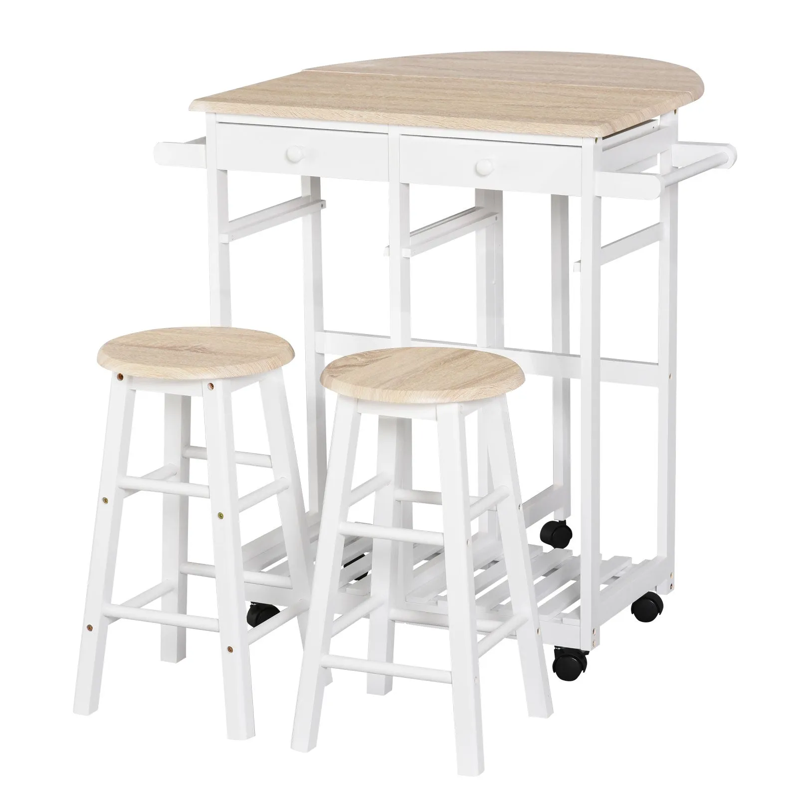Folding Kitchen Cart with 2 White MDF wooden stools