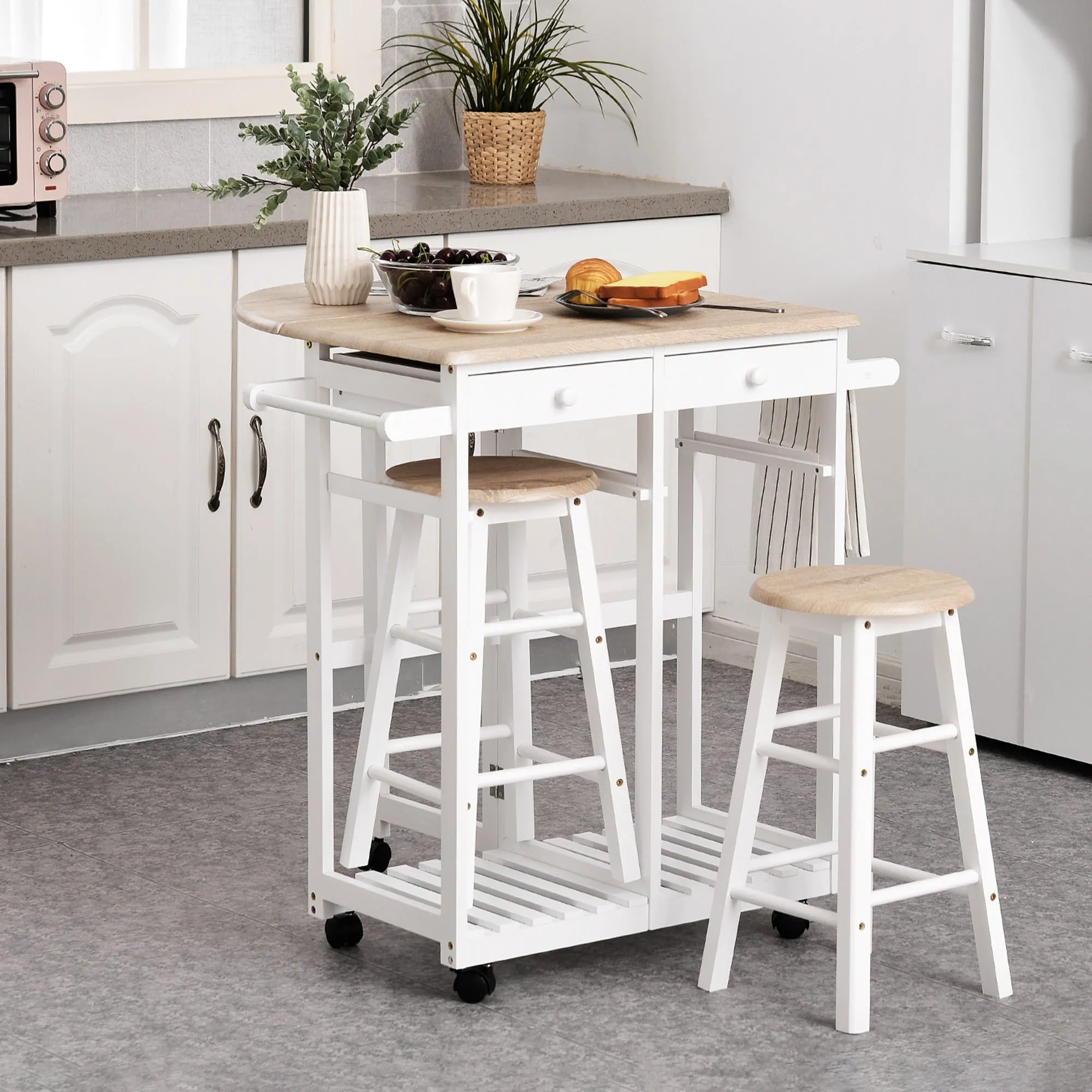 Folding Kitchen Cart with 2 White MDF wooden stools - Image 2