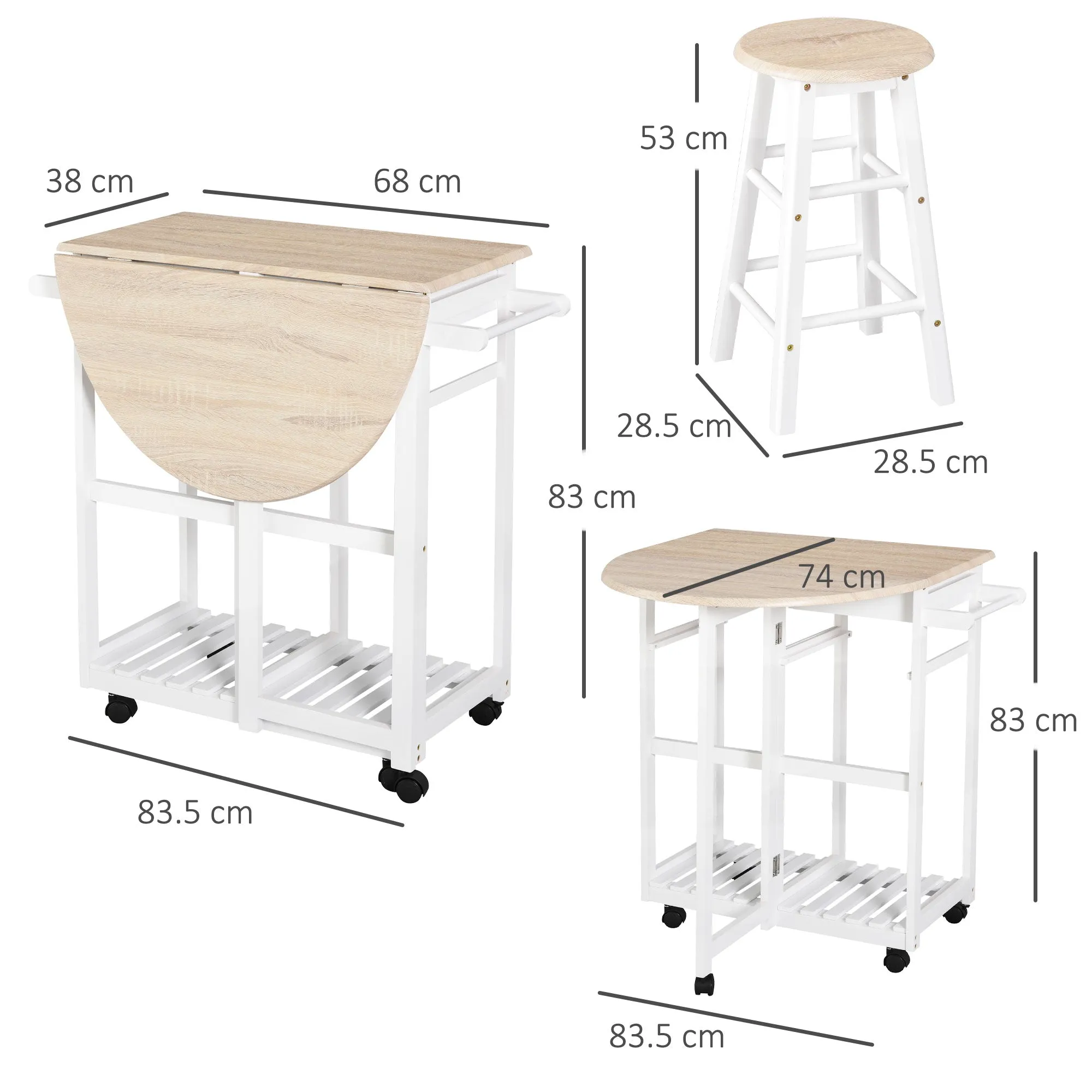 Folding Kitchen Cart with 2 White MDF wooden stools - Image 3