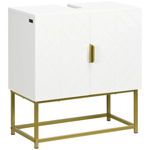 Bathroom Cabinet Under Sink with 2 Door Cabinet in Wood and Steel, 60x30x65cm, White and Gold