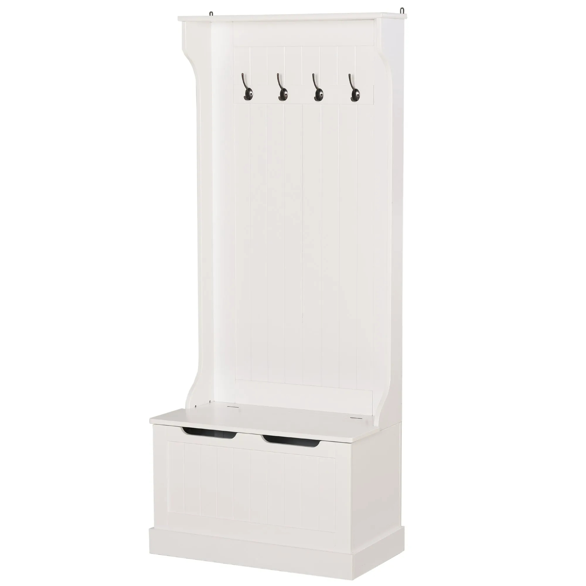 Modern Coat Rack 3 in 1 with 4 Hooks, Storage Bench and Coat Stand, Space-Saving Entryway Furniture, Hallway, Wooden Bedroom, 71.5x39. 5x170 cm, White