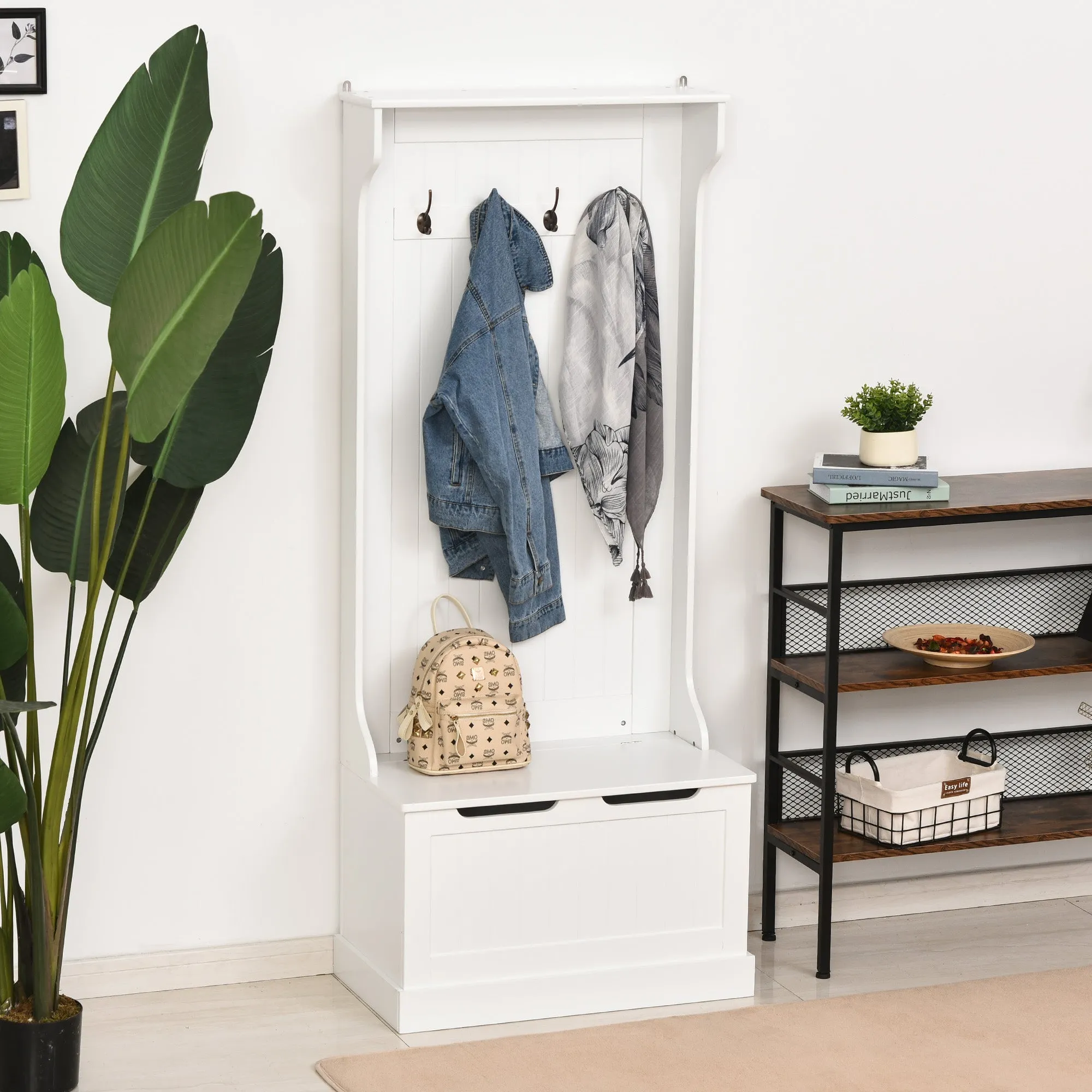Modern Coat Rack 3 in 1 with 4 Hooks, Storage Bench and Coat Stand, Space-Saving Entryway Furniture, Hallway, Wooden Bedroom, 71.5x39. 5x170 cm, White - Image 2