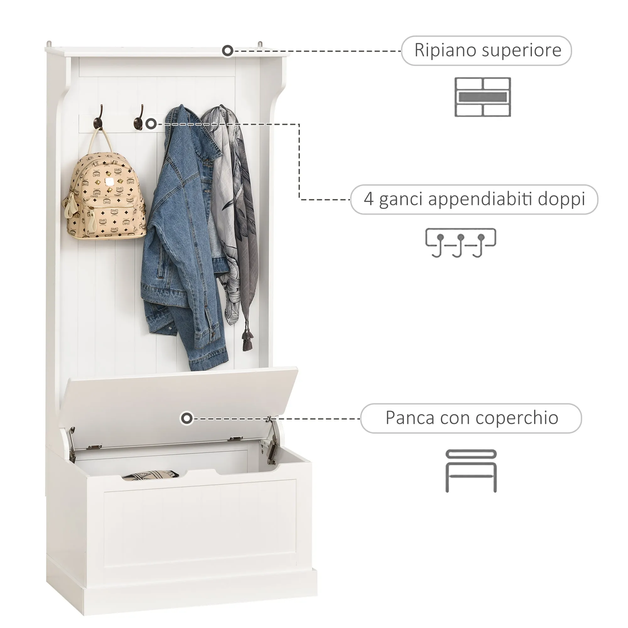 Modern Coat Rack 3 in 1 with 4 Hooks, Storage Bench and Coat Stand, Space-Saving Entryway Furniture, Hallway, Wooden Bedroom, 71.5x39. 5x170 cm, White - Image 3