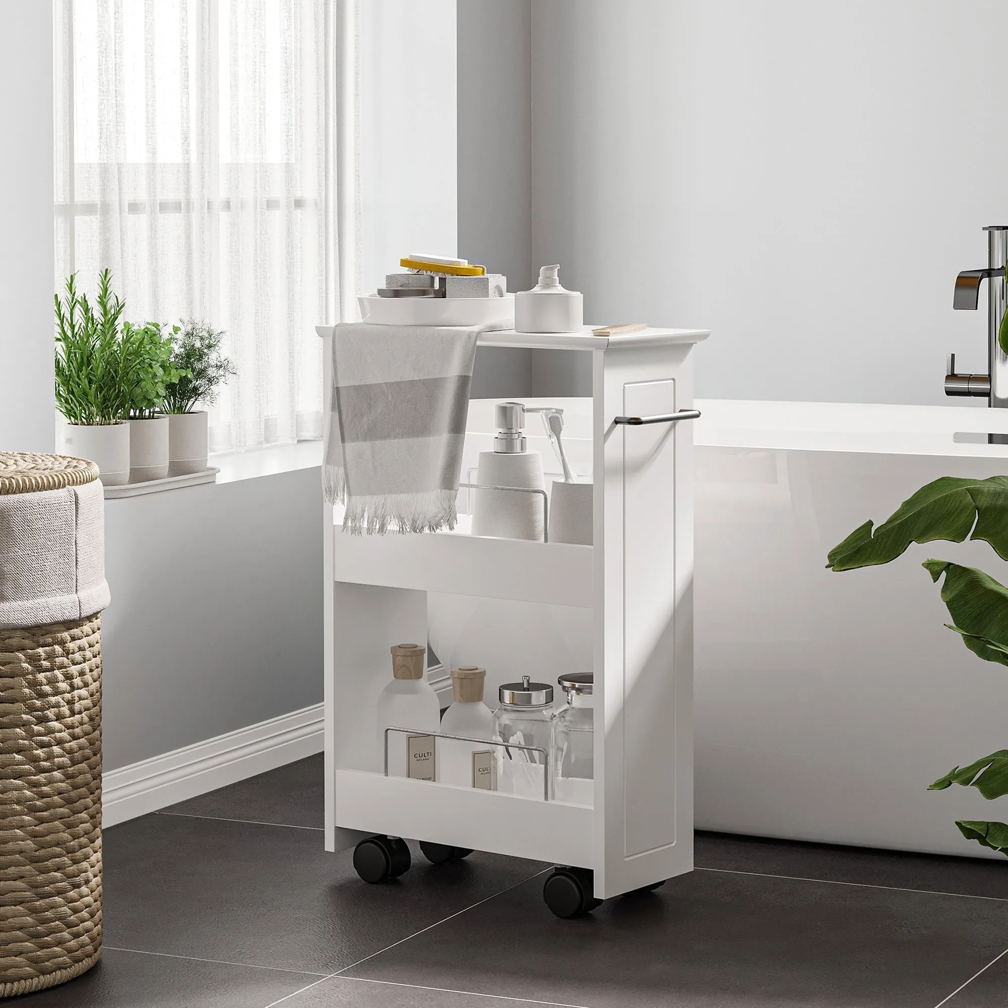 Multipurpose Space Saving Cart in MDF Wood and Wheels, 42.5x20.3x66.7cm, White - Image 2