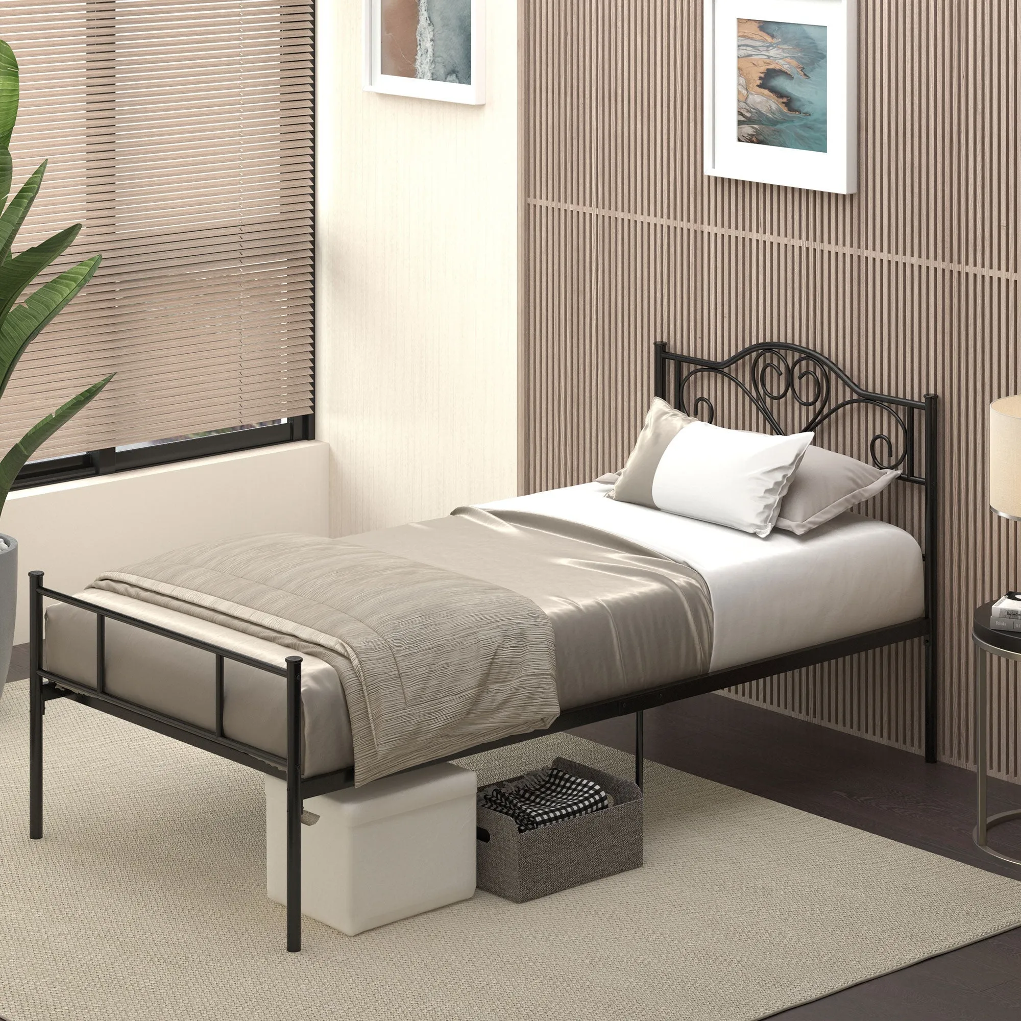 Single Steel Bed Frame with Integrated Slats, Headboard and Footboard, 90x200cm - Image 2