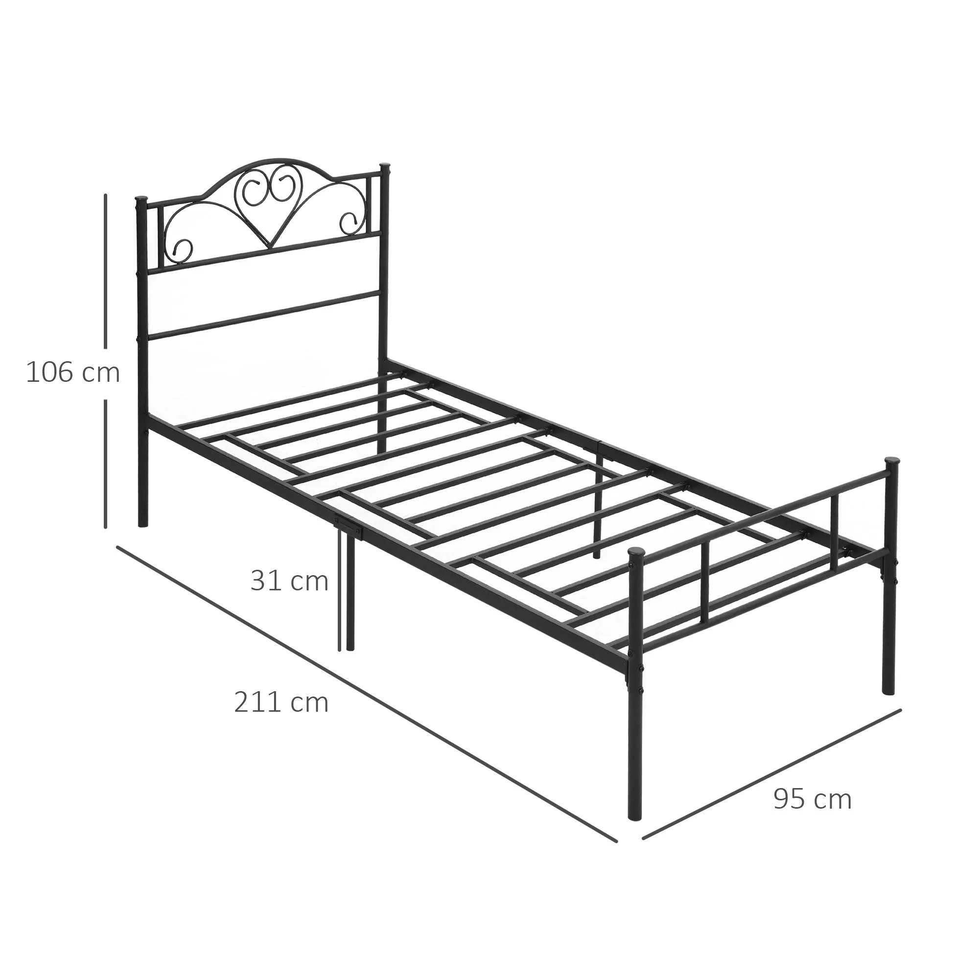 Single Steel Bed Frame with Integrated Slats, Headboard and Footboard, 90x200cm - Image 3