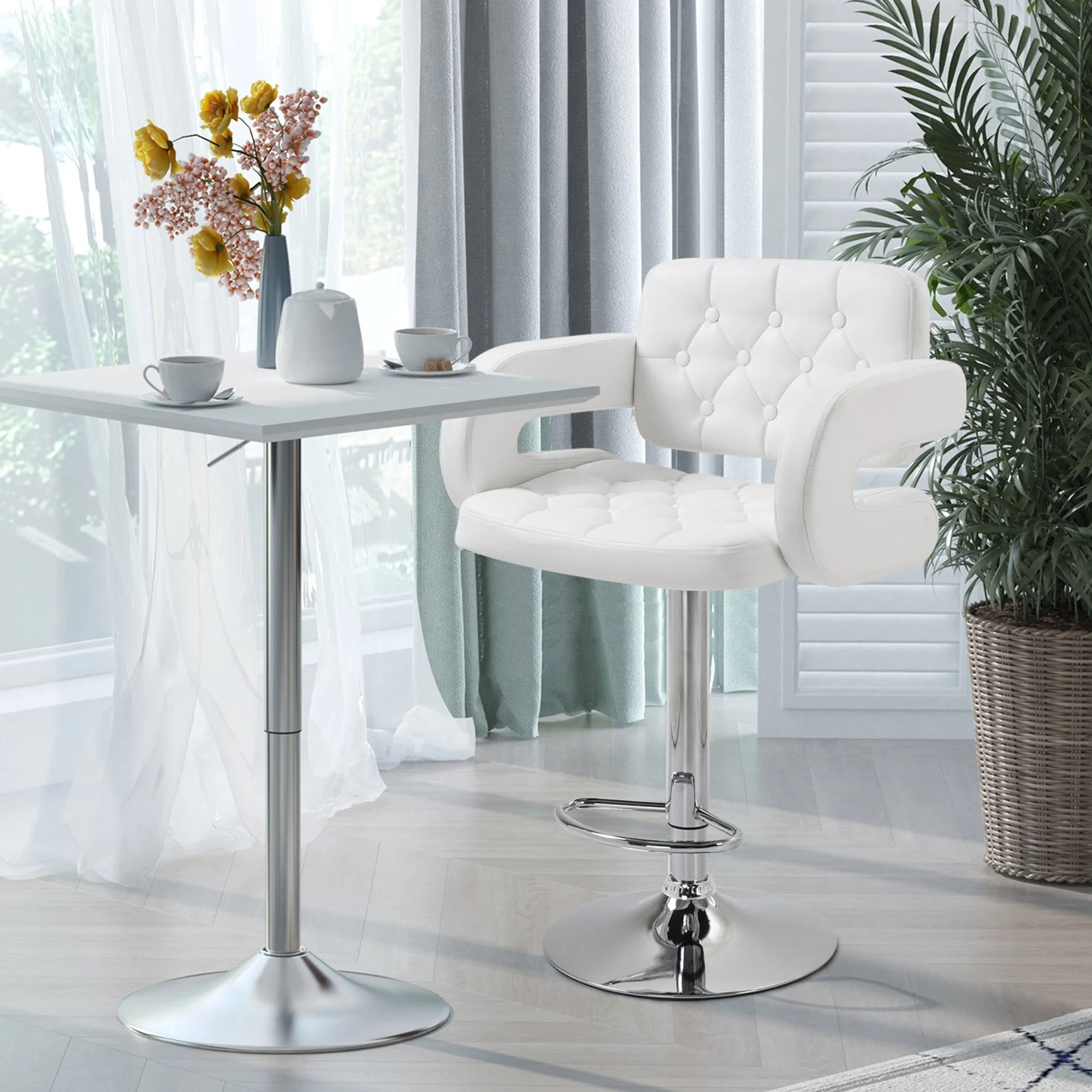 High Bar Stool with Backrest and Armrests, Modern Swivel Kitchen Stool with Adjustable Height and Footrest, in Faux Leather, 61x50x94-114cm, White - Image 2