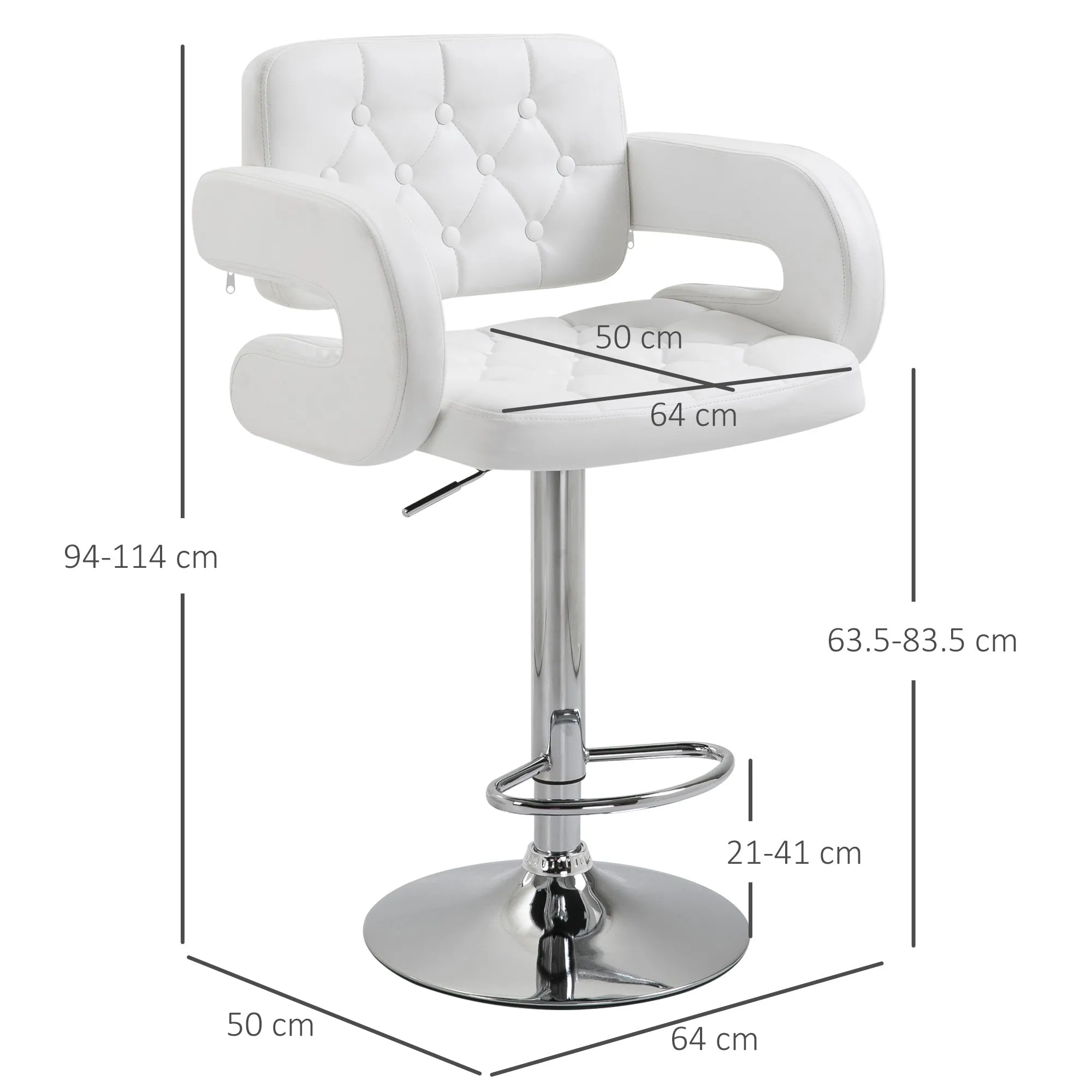 High Bar Stool with Backrest and Armrests, Modern Swivel Kitchen Stool with Adjustable Height and Footrest, in Faux Leather, 61x50x94-114cm, White - Image 3