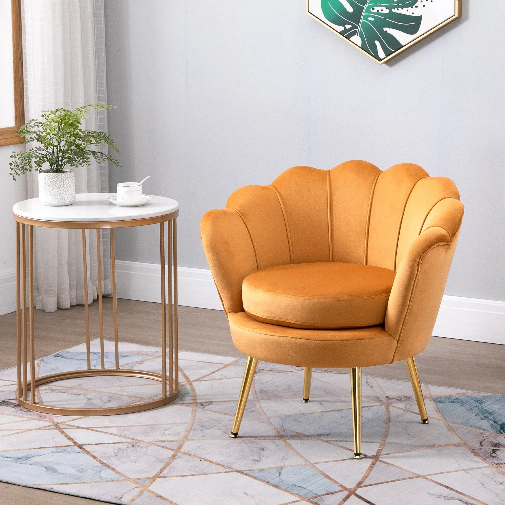Vintage Design Blue Velvet Armchair, High Back Bedroom Chair 76x67x74cm, Yellow - Image 2
