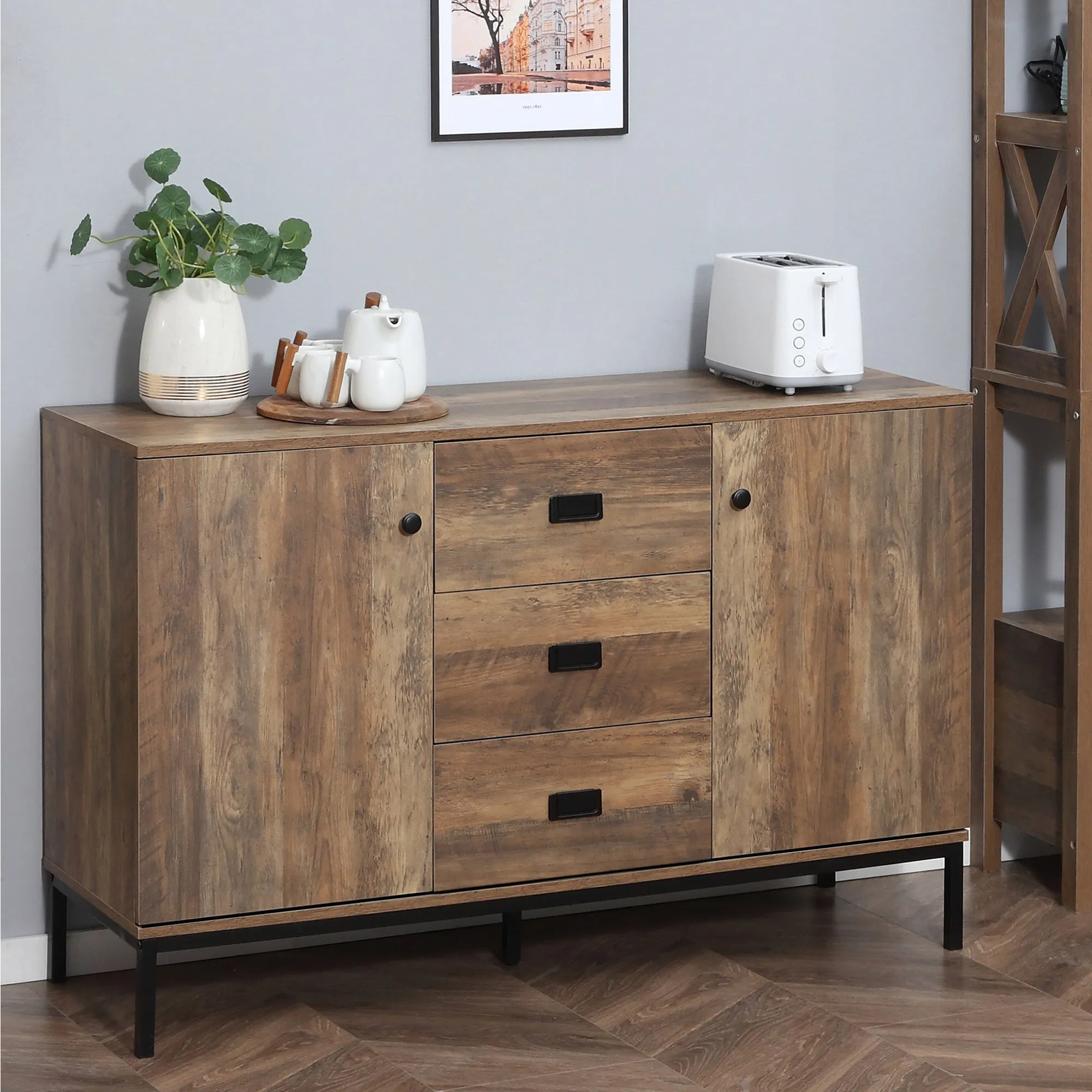 Modern Sideboard in Chipboard and Metal with 2 Cabinets with 2 Doors with Shelves and 3 Drawers, 120x39.5x77 cm - Image 2