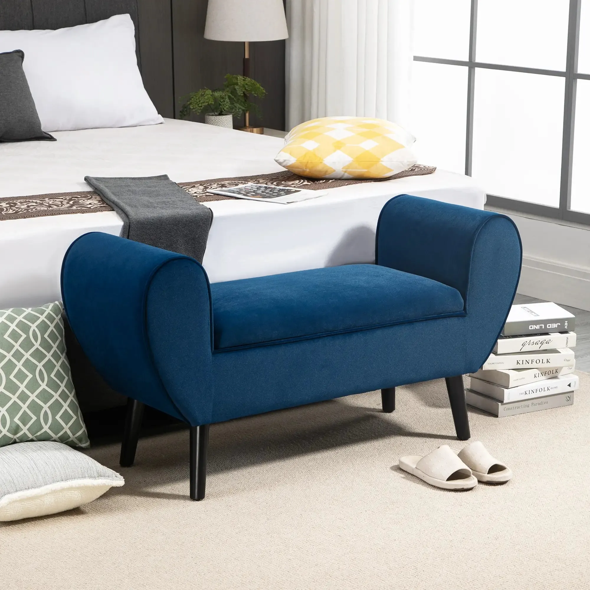 Upholstered Velvet Fabric Indoor Storage Bench with Armrests, 118x42x66cm - Blue - Image 2