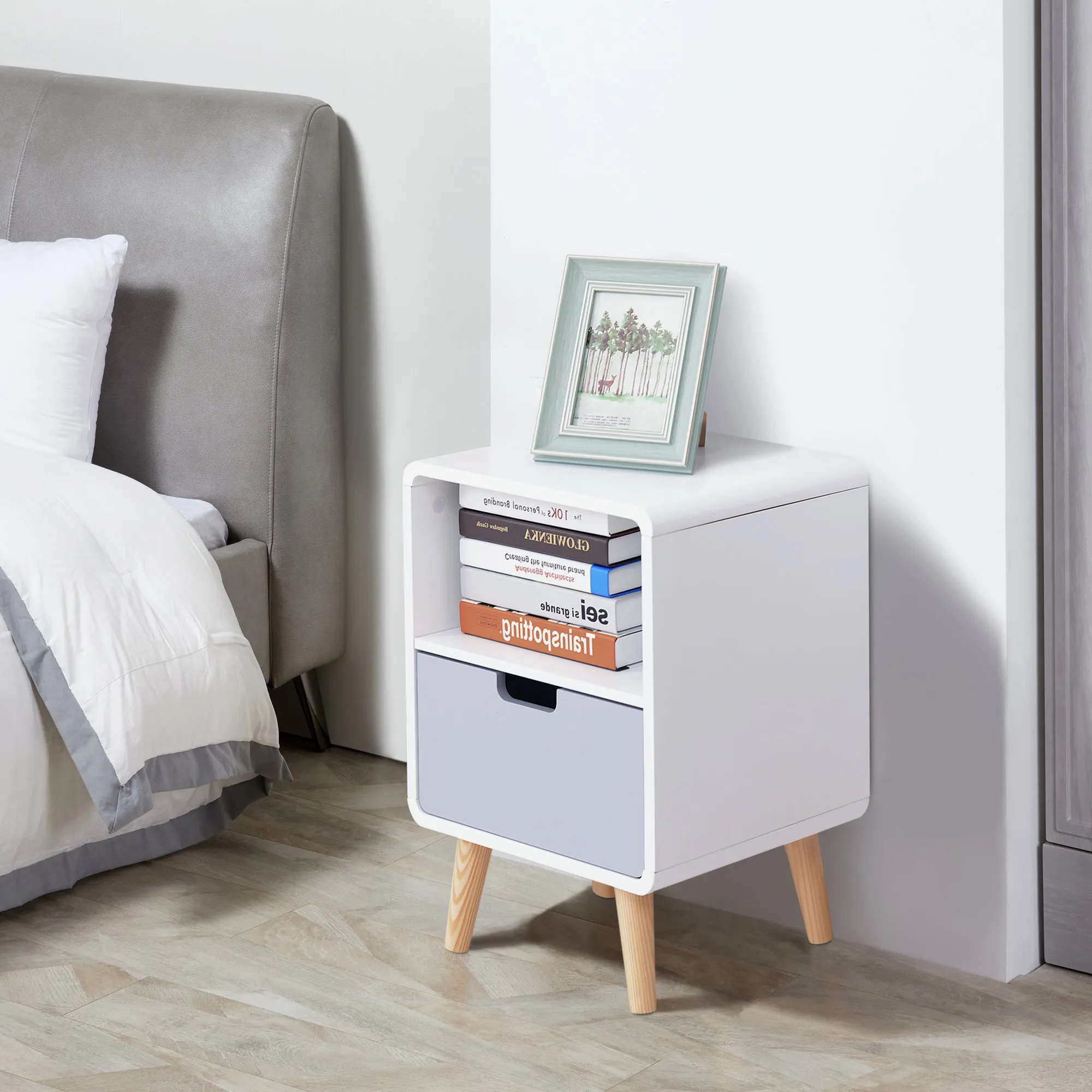 Bedside Table with Drawer in MDF and Pine Wood for Bedroom, Living Room and Bathroom, 40x38x58 cm - Image 2