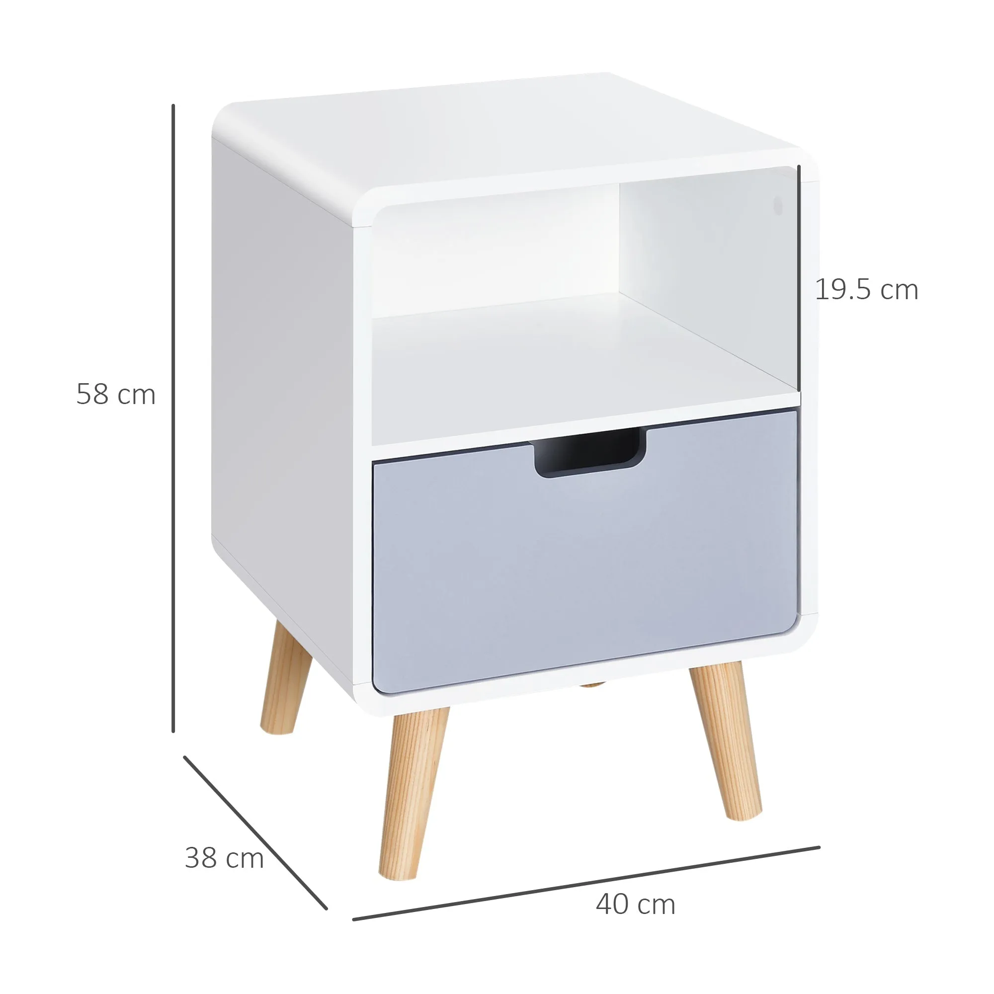 Bedside Table with Drawer in MDF and Pine Wood for Bedroom, Living Room and Bathroom, 40x38x58 cm - Image 3