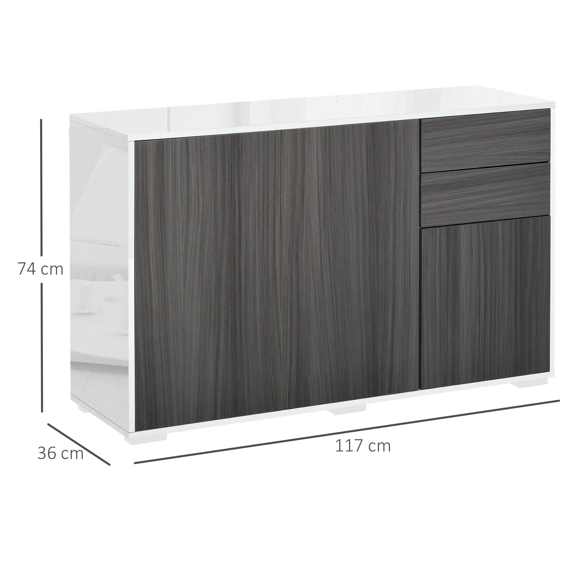 Multiuse wooden cabinet for living room, kitchen, office with pressure opening, 117x36x74cm - white/dark Grey - Image 3