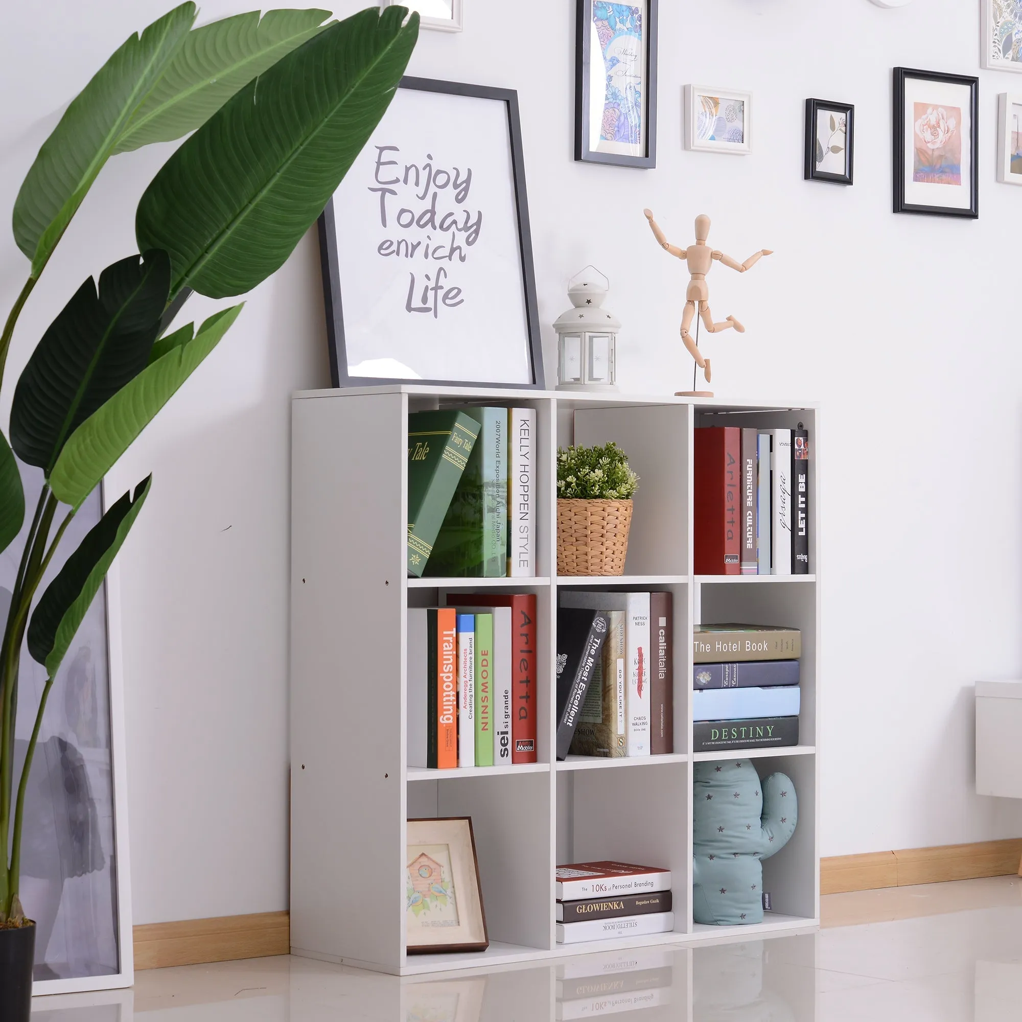 White Bookcase for Home and Office, Modern Design Shelf with 9 Wooden Compartments, 91x29. 5x91cm - Image 2