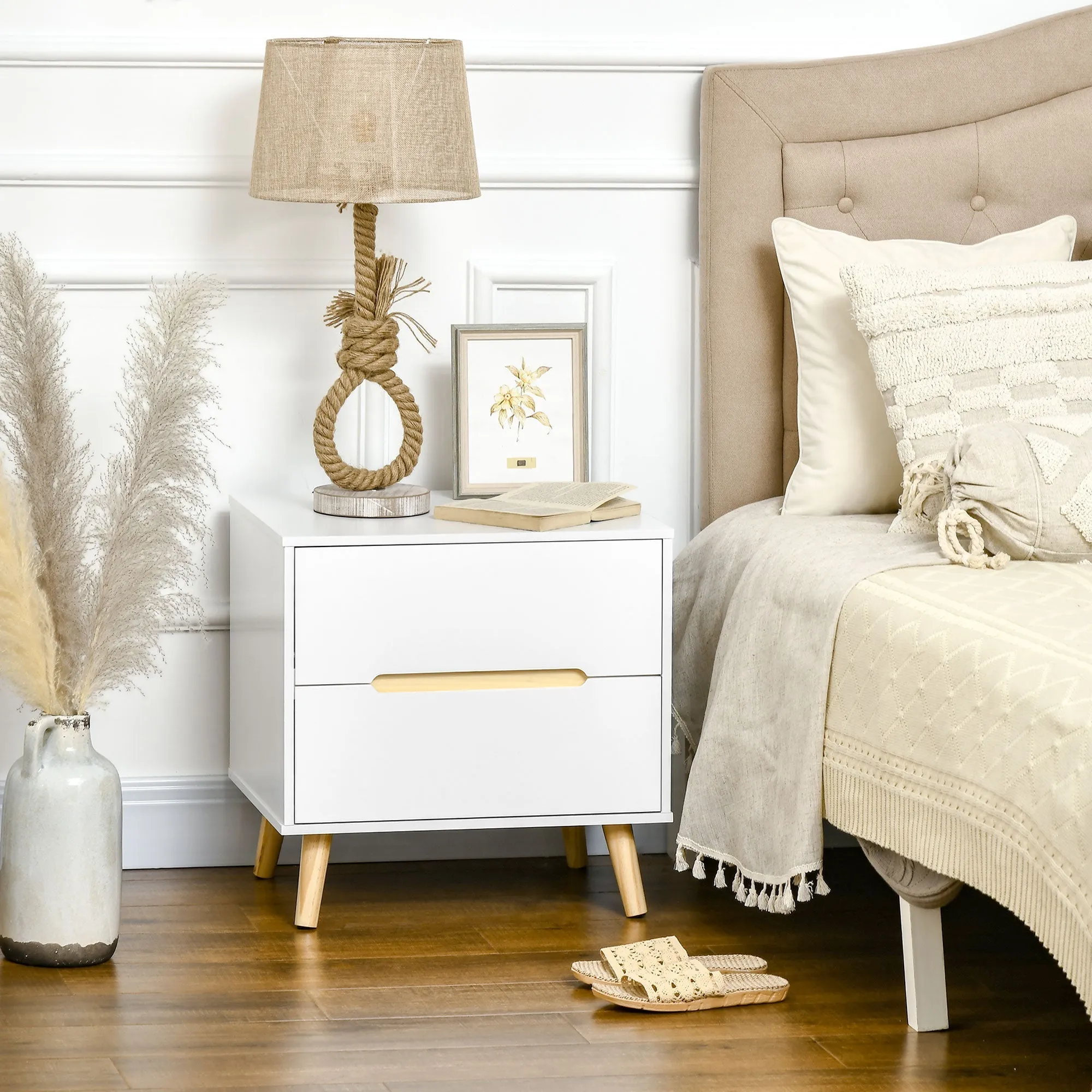 Modern Bedside Table with 2 Drawers in Chipboard and Pine Wood Legs, 50Lx40Dx50.5H cm, White - Image 2