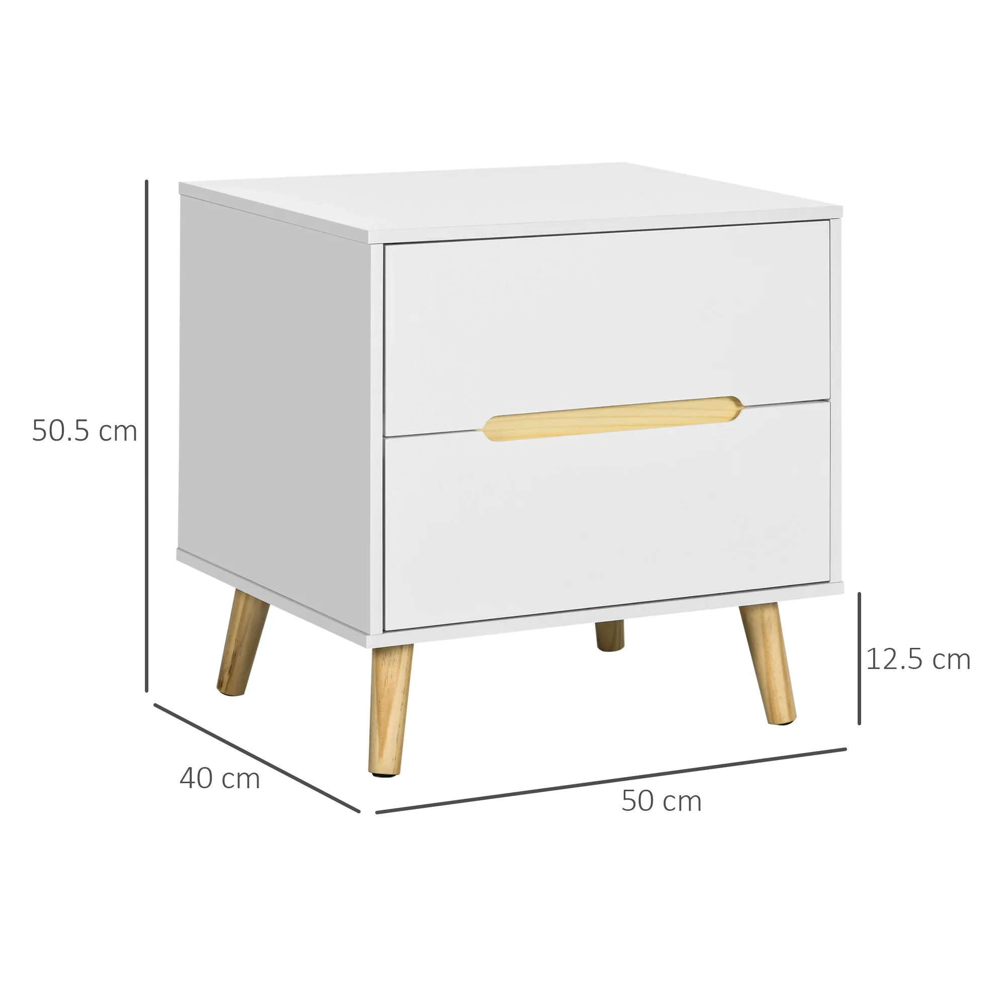 Modern Bedside Table with 2 Drawers in Chipboard and Pine Wood Legs, 50Lx40Dx50.5H cm, White - Image 3